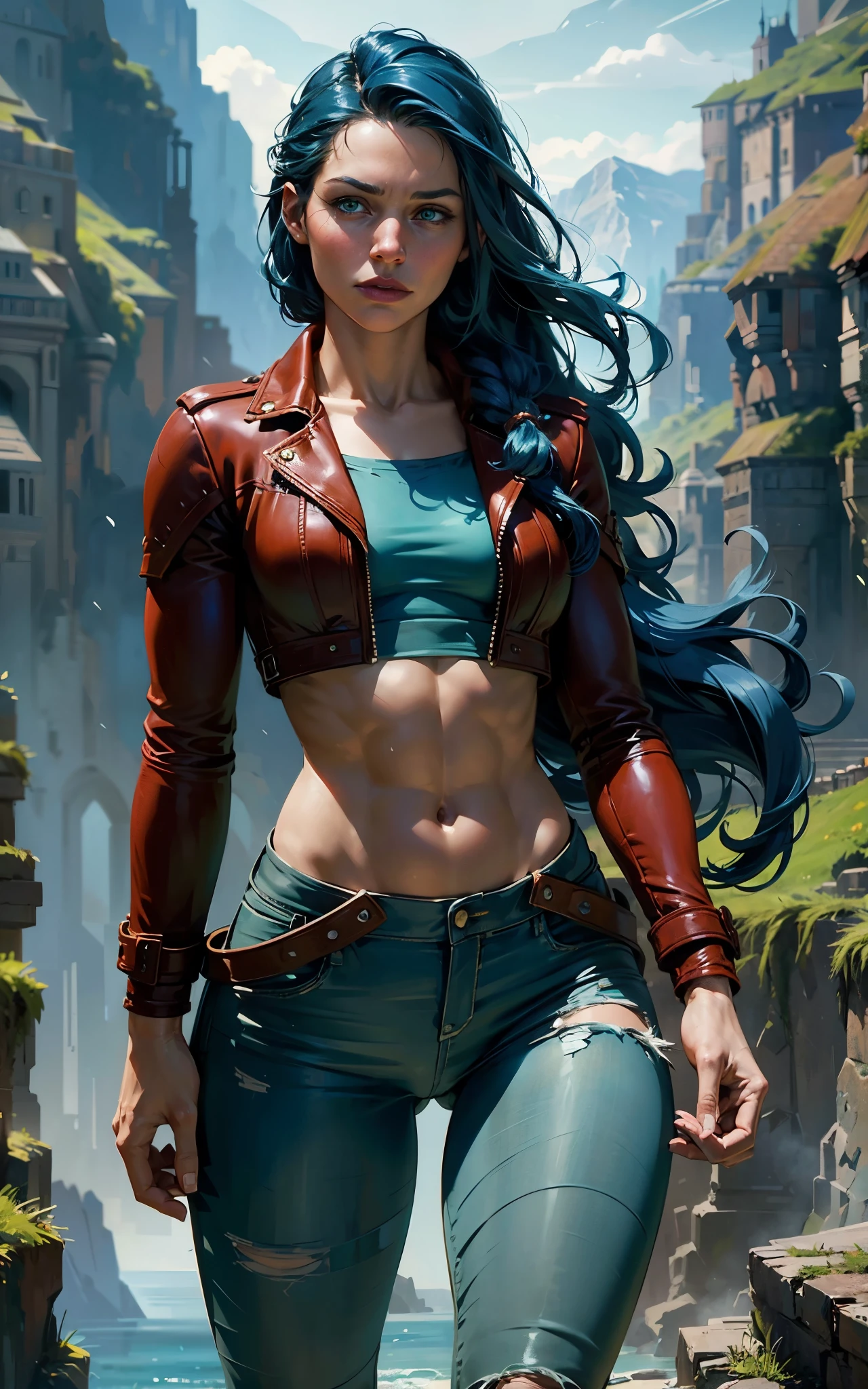 (Alicia Vikander:Evangeline Lilly), green light, glowing eyes, pov below, wind,, masterpiece, best quality, 1girl, cool, serious, medium breasts, long hair, blue hair, red leather jacket, crop top, tight jeans, green eyes, abs