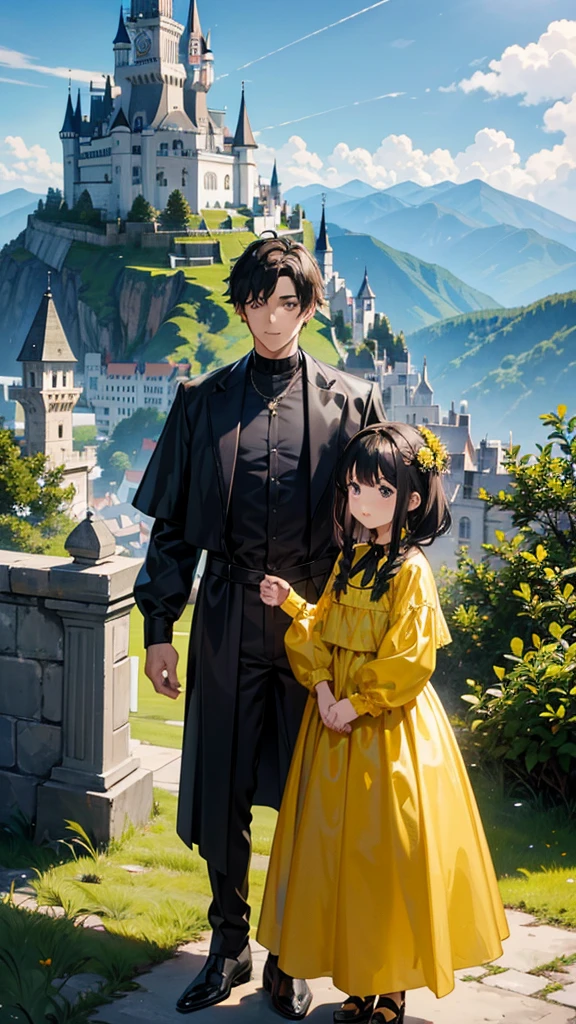 One Boy in Black and one girl in yellow standing in front of a castle on a mountain in big fantasy world. Focus on the Girl and boy's faces