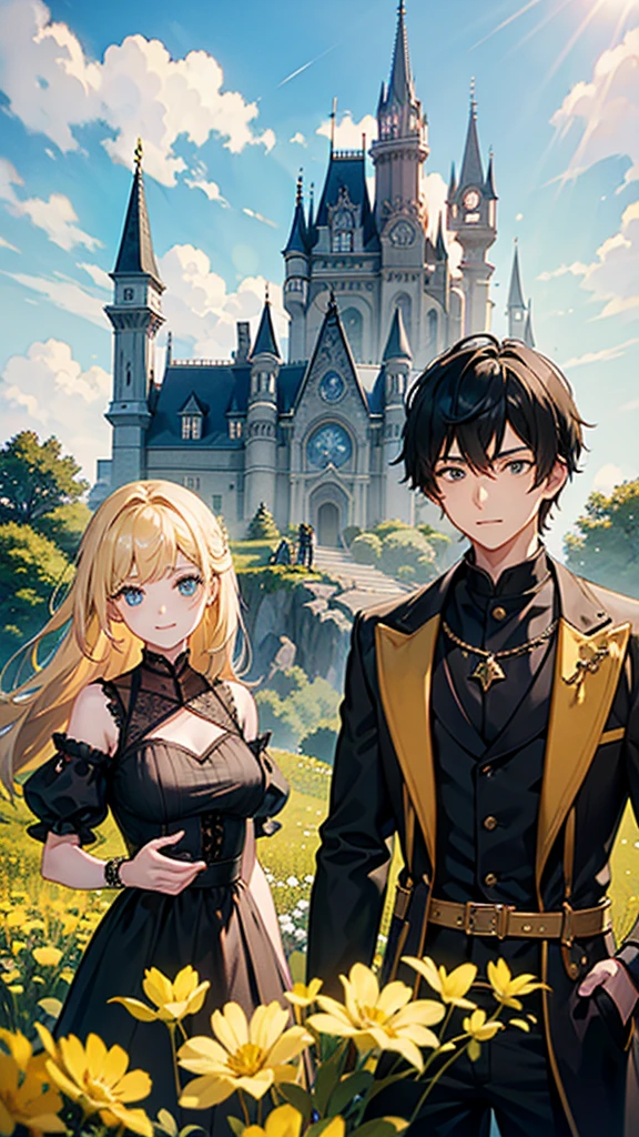 One Boy in Black and one girl in yellow standing in front of a castle on a mountain in big fantasy world. Focus on the Girl and boy's faces