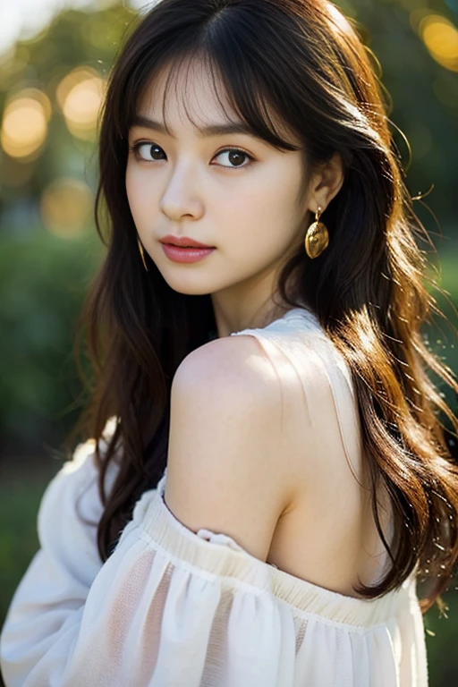 From view, portrait,  Young Korean Woman, 1 girl 20 yeas-old,　(Middle hair,  dark brown hair, fringe,  Tears, Thin outer eyebrows, Small eyes、Eyes are small compared to the face, natural make,  little smile), (gold ring earring, gold neckless),( middle breasts, slender whist, middle hip), (white blouse,White clothes are very transparent ),