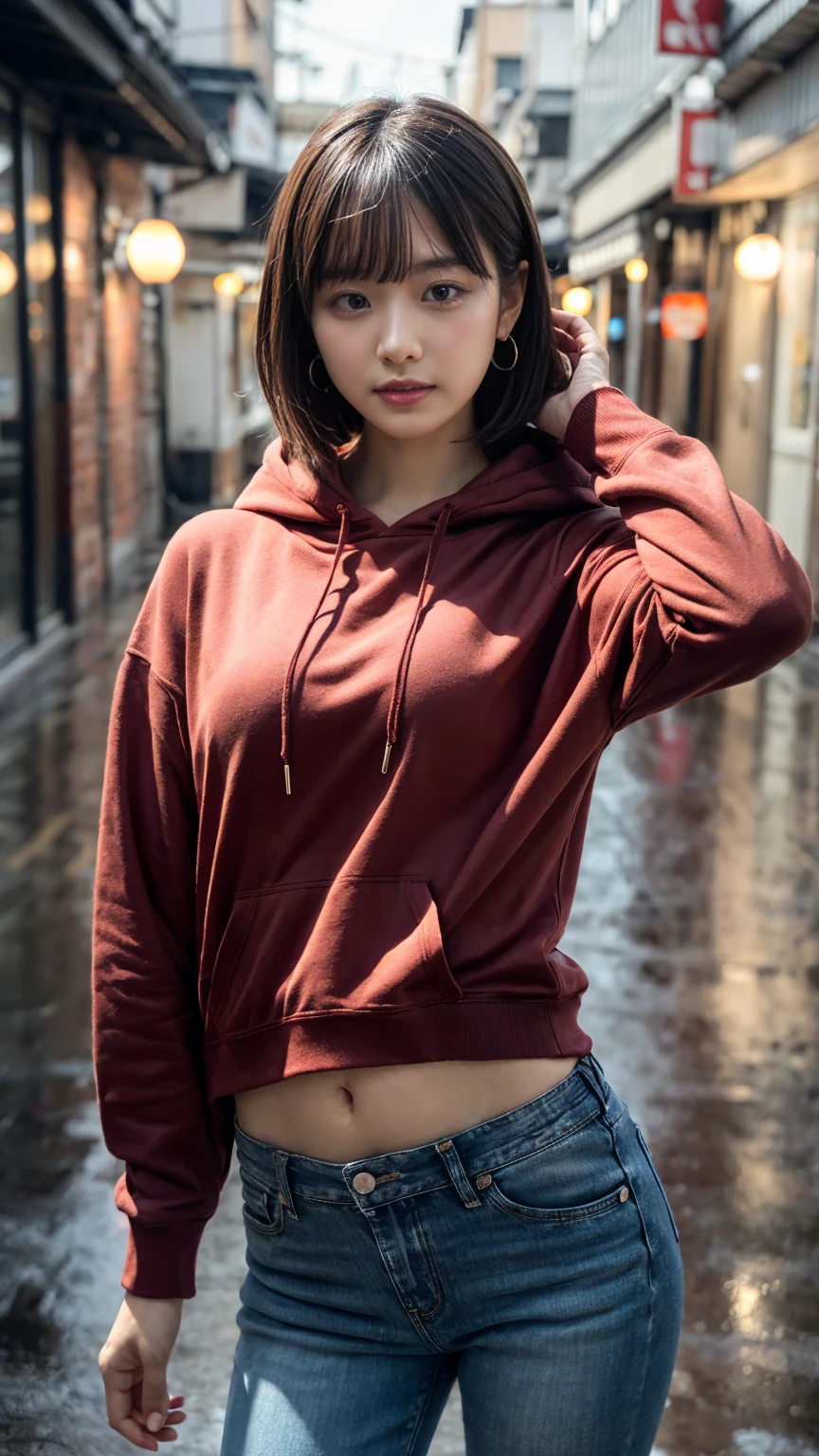 (masterpiece, best quality:1.1), (8k, raw photo, photo realistic:1.2, f22), (shiny skin), detailed skin, slightly large breast, blonde hair:1.3, medium bob hair, detailed face, detailed eyes, cool expression, BREAK, real world, intricate details, smil, BREAK, 1girl, full body, (red hoodie:1.4), BREAK, (metropolis:1.3, rainy day)