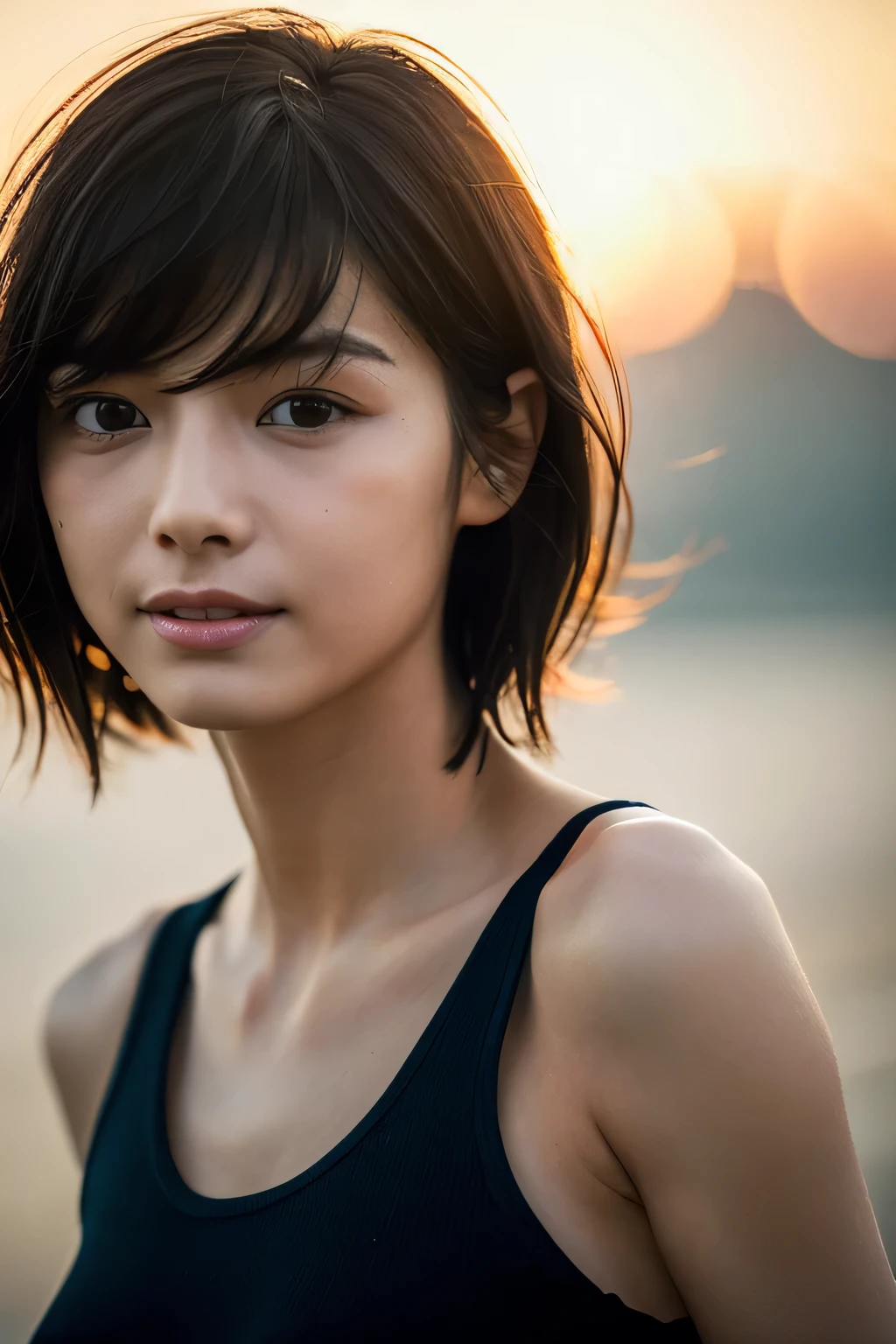 (Hyper Reality: 1.35), (Realistic: 1.4), A beautiful Japanese woman, smile, alone. light makeup, masterpiece, 最high quality, high quality, alone, Very good, puberty, Only one girl, Well-trained slim body, muscular, slim body, breasts apart, (最high quality)),((Very delicate and beautiful)),((Very shallow depth of field)), ((Incredibly shallow depth of field)). family friendly, ((Very delicate and beautiful)), (((Very shallow depth of field))), (((Unbelievably absurd))), dark brown hair, blowing boyish bob hair, shag messy hair, wolf cut, big hair, windで揺れる髪, Slim body type, ((( Camera Eye)))), (((small ))), Looks like a salon model, Cool face, Neutral facial features,(ecstasy:1.3) ,(slut:1.2),(vulgarity:1.3),(fucked silly:1.1),(steam:1.1),(Wet:0.8),(trembling:0.8),(tears:0.7) ,(drooling:0.6),(sweat:0.8),open mouth,  poor, my + background, Dynamic Angle, Focus on women, {Particles of light}, Detailed background, Soft lighting, (dramatic), sunset, very beautiful sunset, Live Action, Realistic, (blurred background), , (((wind))), ((Movement)), ((emotion)), ((colorful)), ((Baby Face)),sea background, No makeup, high neck, Sleeveless, latex, turtleneck, (((whole body))), 