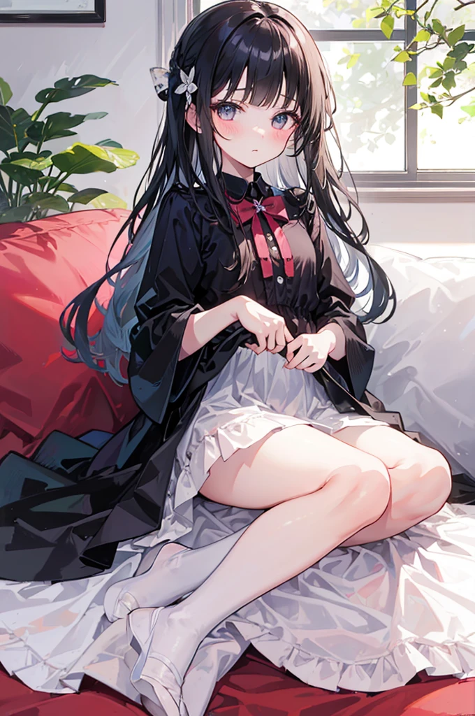 A girl with big ,Lovely daughter,blunt bangs, straight hair, long hair,,Bow,(Small dress),weak,Well-behaved and cute,blush,living room,