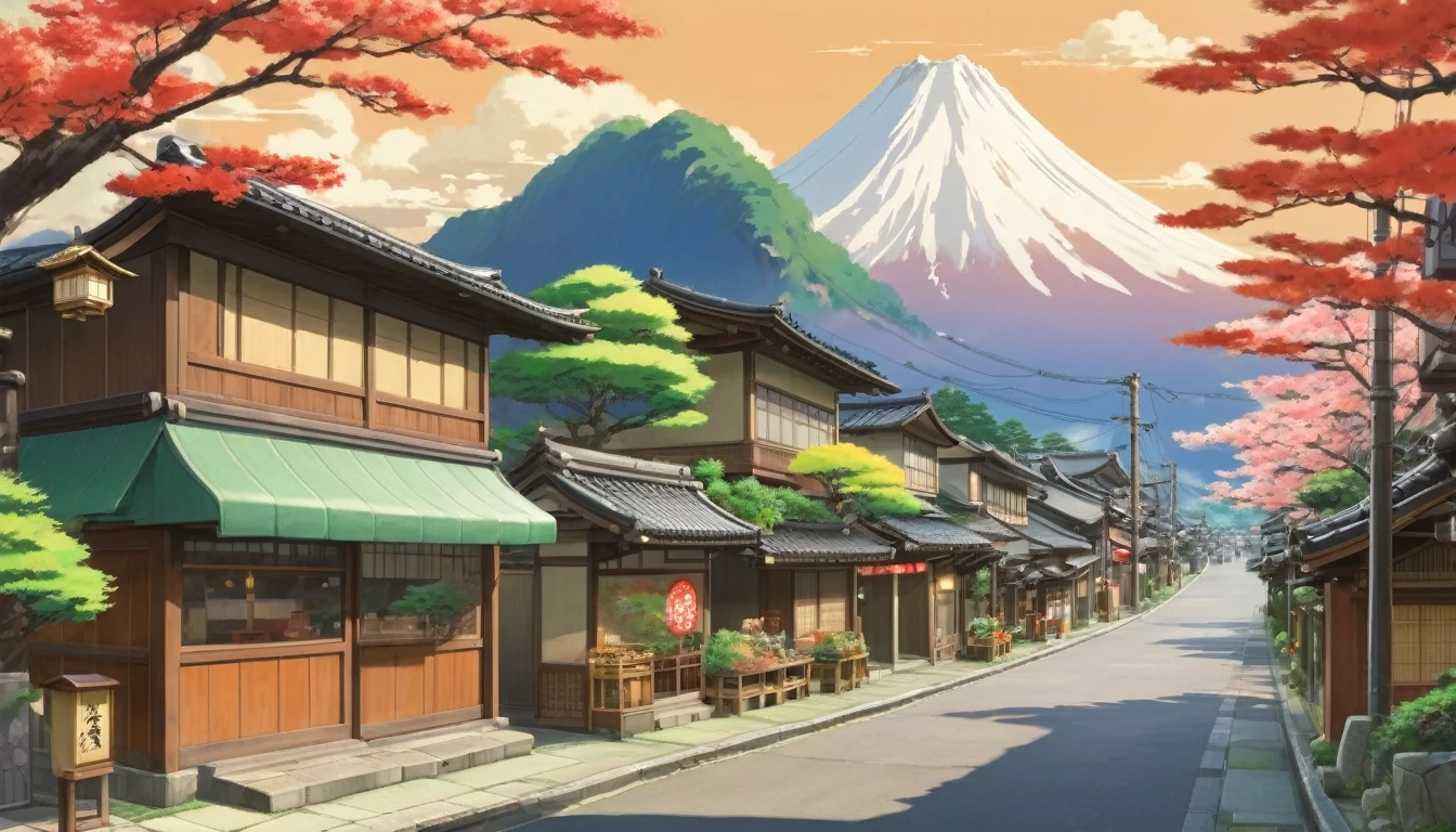 anime background, anime wallpaper, anime, anime style, admiration, admiration style,, mountains, uphill, japanese showa era architecture, small japanese shops, big retro japanese shop signs, retro japan shop, tree, plant, rock, flowerpot, shop sign, japanese banner, japanese sign, flag, sunrise, golden hour, golden lighting, empty street, nobody in sight, (nobody: 1), Top quality, ghibli, Taisho Roman,lofi art
