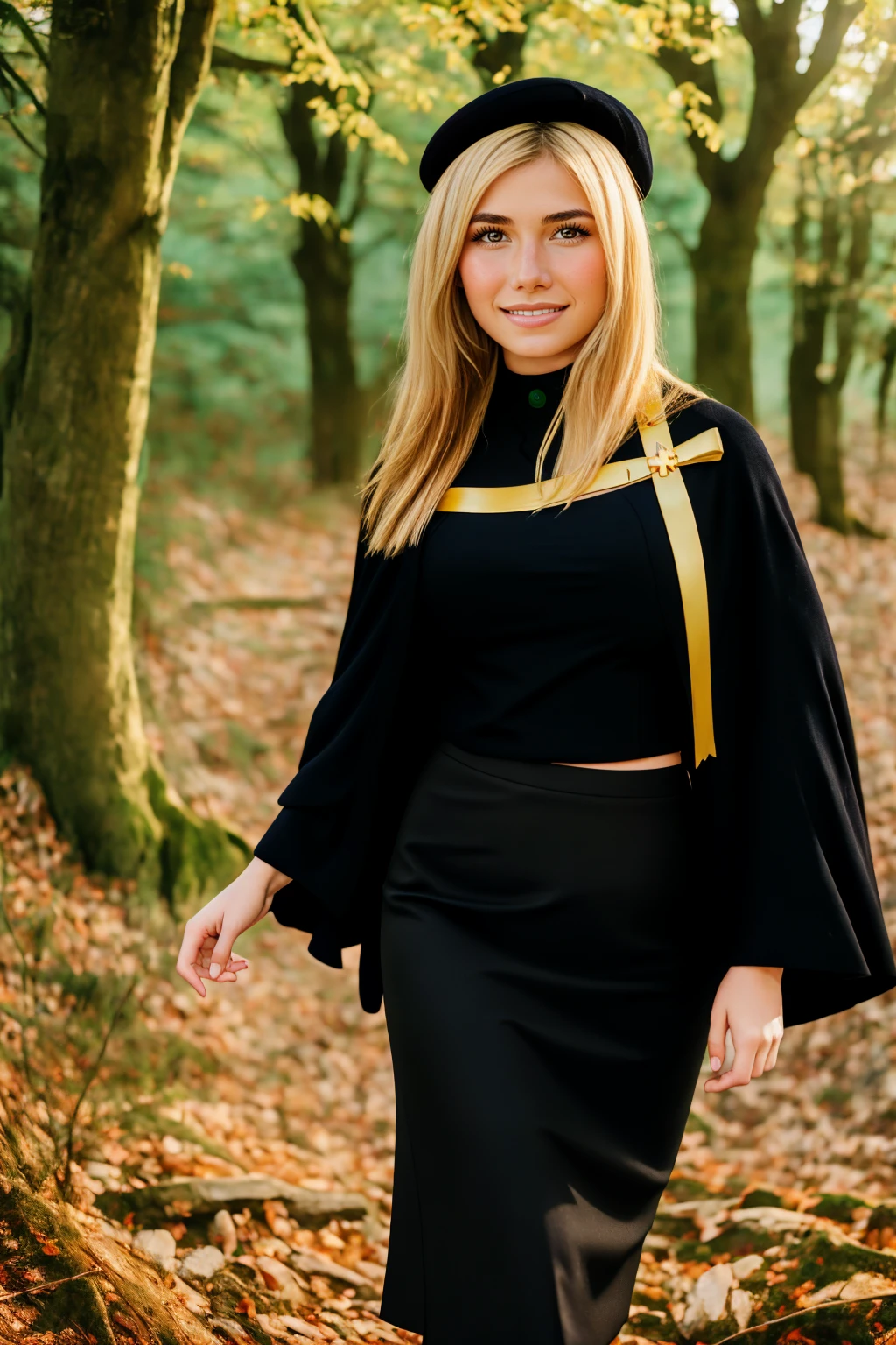 1 girl, best quality, ((Miyo)), tarankaaa, perfect face, Hailey Lujan, beautiful smile, 30 years old, ((ascot,uniform, black skirt, cross, ribbon, gold blonde hair, emerald, beret, cape, pantyhose)), ((perfectly drawn hands)), perfect body, bare tree, bush, fog, forest, grass, nature, outdoors, plant, scenery, solo, standing, tree, 32k photograph, ((perfect eyes, detailed eyes,realistic eyes)), ((sharp face, detailed face, realistic face, natural skin, realistic skin, detailed skin, pores)), full body, tone mapping, asian-european, ((masterpiece)), ((highres)), ((detailed background)), japanese village background, night, big proportions, (abdomen is covered)