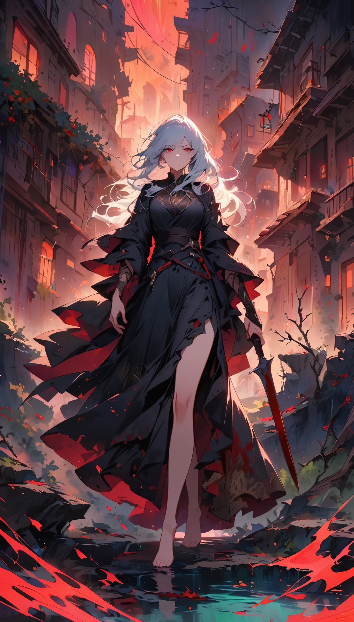 Terrible female warrior,Holding a fierce knife,Wearing tattered black robes,Long white hair,Glittering red eyes,barefoot,Intimidating presence,((Blood splatter)),Dark and mysterious,Twisted branches,The mist rolled in,Moonlight illuminated the scene,dark palette,Light orange and red,Crumbling stone buildings,Remote areas,Mysterious atmosphere,unforgettably beautiful.