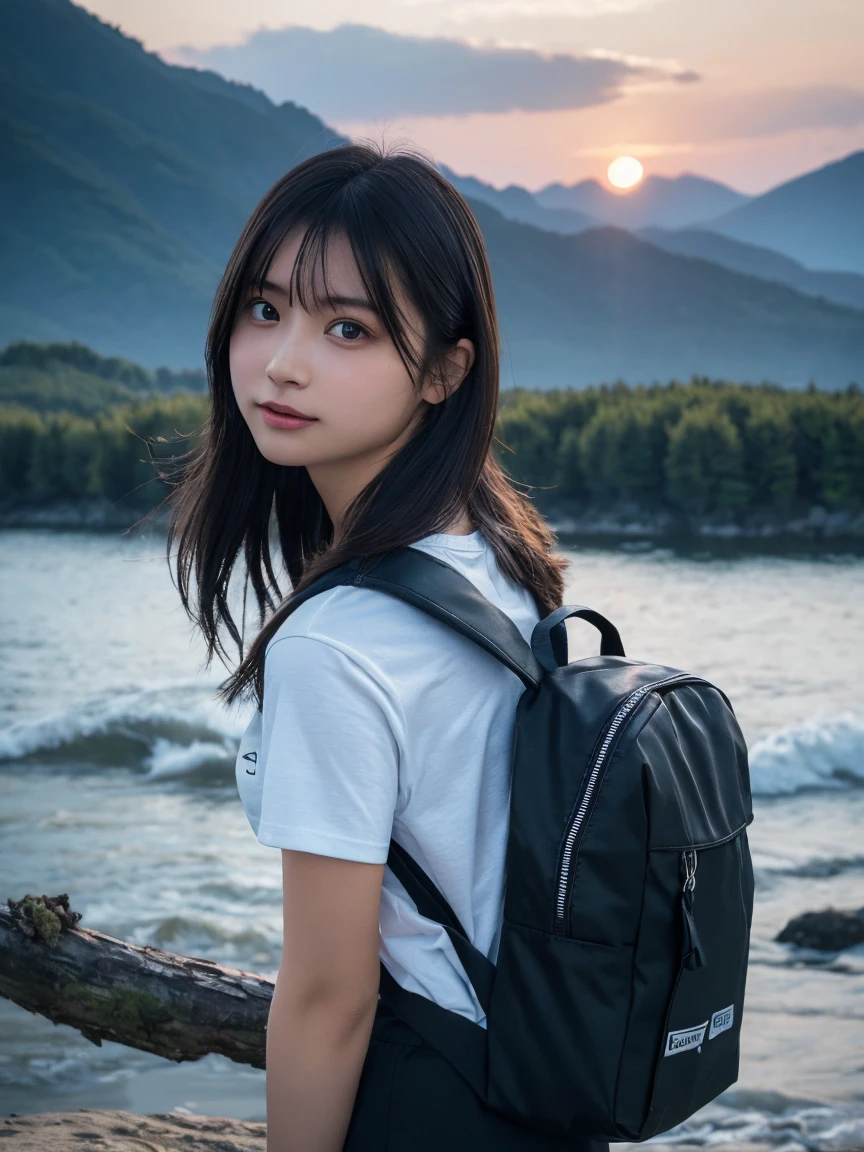Highest quality, masterpiece, Ultra-high resolution, (Realistic:1.3), RAW Photos, (Nature landscape photography), (Majestic Mountain々The summit of the, sea of clouds), (とても大きな山The summit of the), (sunset), (One Girl), (Upper Body), (20-year-old), (smile:0.9), (Glowing Skin), (Long Hair, Dark brown hair), (A loose white see-through T-shirt), (Tight Casual Super Shorts), (Carry a large backpack on your back), (Ultra detailed face), (Highly detailed eyes), (Highly detailed nose), (Highly detailed mouth), (Very skilled hands), (Super-detailed body), Sony a7, 85mm lens, f9.0, Pan Focus 、We provide high quality lace panties、(Turn your body forward、Face the camera、Face to face:1.3)、