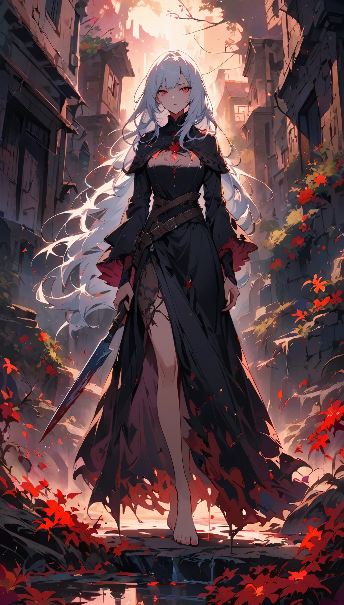 Terrible female warrior,Holding a fierce knife,Wearing tattered black robes,Long white hair,Glittering red eyes,barefoot,Intimidating presence,((Blood splatter)),Dark and mysterious,Twisted branches,The mist rolled in,Moonlight illuminated the scene,dark palette,Light orange and red,Crumbling stone buildings,Remote areas,Mysterious atmosphere,unforgettably beautiful.