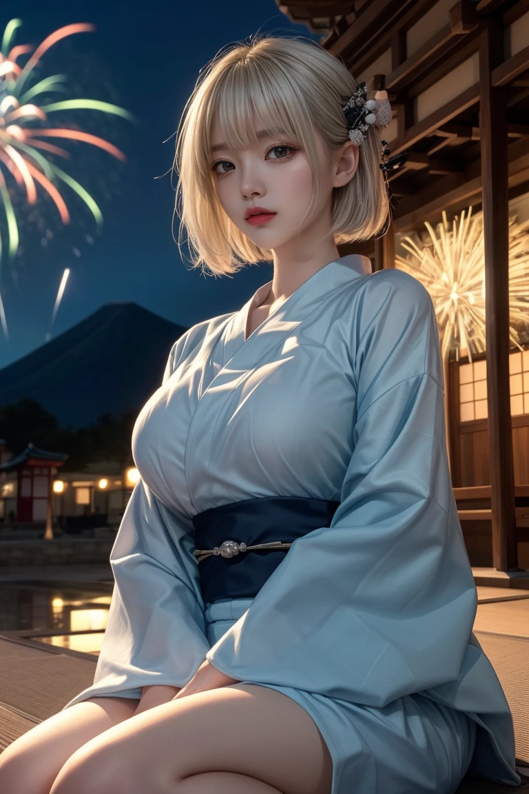 reflected light、Platinum blonde hair with dazzling highlights、Shiny Hair、beautiful shiny bangs、bright, clear, Charm, large blue eye、A very beautiful, adorable and cute 16 year old girl.、Ample Bust、Beautiful detailed eye、 Beautifully detailed nose,((whole body:1.5)),eyeを強調するメイク、Scattered beneath the surface、Glamorous details、Nature background、Super huge breasts、((Cinematic))、(Loose and fluffy perm:1.4)、1 girl、((Bob Hair:1.3))、超Genuineな8K CG、絵に描いたようなperfectionなperfectionな顔、perfection、clean、masterpiece、Professional artwork、 Famous works of art、perfectionな顔、Beautiful Face、美しいeyeのない女性の体))、alone、(Immersive atmosphere、Claire Obscure:1.5、bright light:1.2、bright lighting)、(blush:0.5)、Captivating look、Very detailed_eye、Beautifully detailed backgrounds、Written boundary depth、Genuine:1.3、Long Shot、whole body、(Zhou Haoguang:1.3)、(Cinematic composition:1.3)、(Puffy eye:1.2)、(Slim legs)、(Light on face and chest)、(((((Underbust)))))、Under the chest、Oily skin、thin、 Mature Woman、Light blue hair、((bright灰色の髪))、(((Two-tone hair)))、Slender women、Cute Woman、 8K Ultra HD,Detailed face、Delicate texture, ((Yukata style))、((Girl in yukata))、((fireworkをする女の子))、((手持ちfireworkを持った女の子))、((Crouching girl))、((firework))、((手持ちfirework))、((線香firework))、((A girl in a yukata sitting))、((Wear a Japan yukata))、(At dusk)