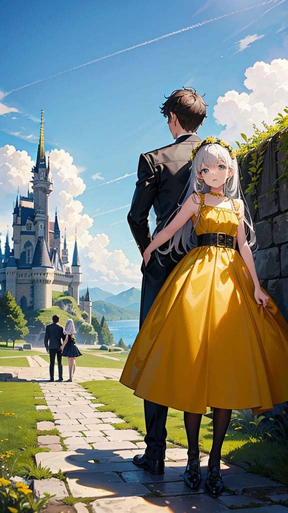 One Boy in Black and one girl in yellow standing in front of a castle on a mountain in big fantasy world. Focus on the Girl and boy's faces
