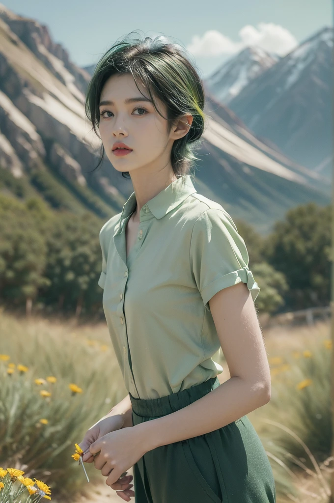 (((best quality))),(((ultra detailed))),(((masterpiece))),illustration,((1 beautiful girl,tomboy,solo)),(short black hair:1.3),((slim,thin)),((small breasts,thin)), vigorous, confident, (light green collared short-sleeved shirt:1.3), (dark green pants:1.2),(standing:1.3),simplicity, robustness, strong features, (Abandoned Gobi Scene:1.3),(Rock surface:1.2),glowing eyes, rebellious, sensible, (mountainous landscape:1.3), (vibrant colorful flowers:1.3),elegance, unyielding spirit, youthful beauty, strength, resilience, adversity, challenges,((from front,upper body))
