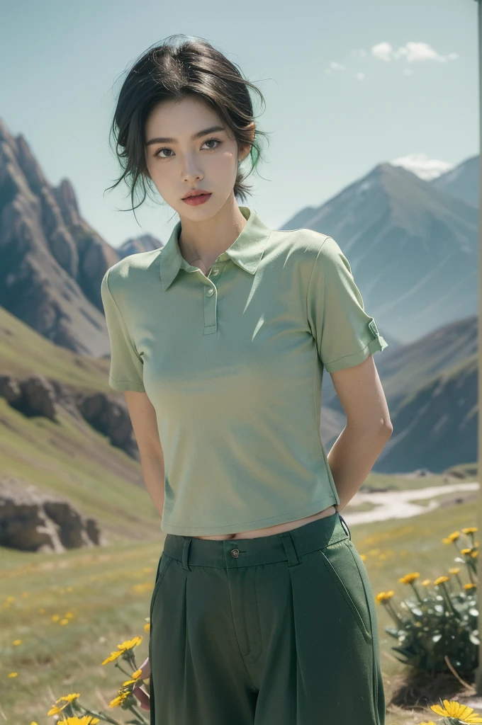 (((best quality))),(((ultra detailed))),(((masterpiece))),illustration,((1 beautiful girl,tomboy,solo)),(short black hair:1.3),((slim,thin)),((small breasts,thin)), vigorous, confident, (light green collared short-sleeved shirt:1.3), (dark green pants:1.2),(standing:1.3),simplicity, robustness, strong features, (Abandoned Gobi Scene:1.3),(Rock surface:1.2),glowing eyes, rebellious, sensible, (mountainous landscape:1.3), (vibrant colorful flowers:1.3),elegance, unyielding spirit, youthful beauty, strength, resilience, adversity, challenges,((from front,upper body))