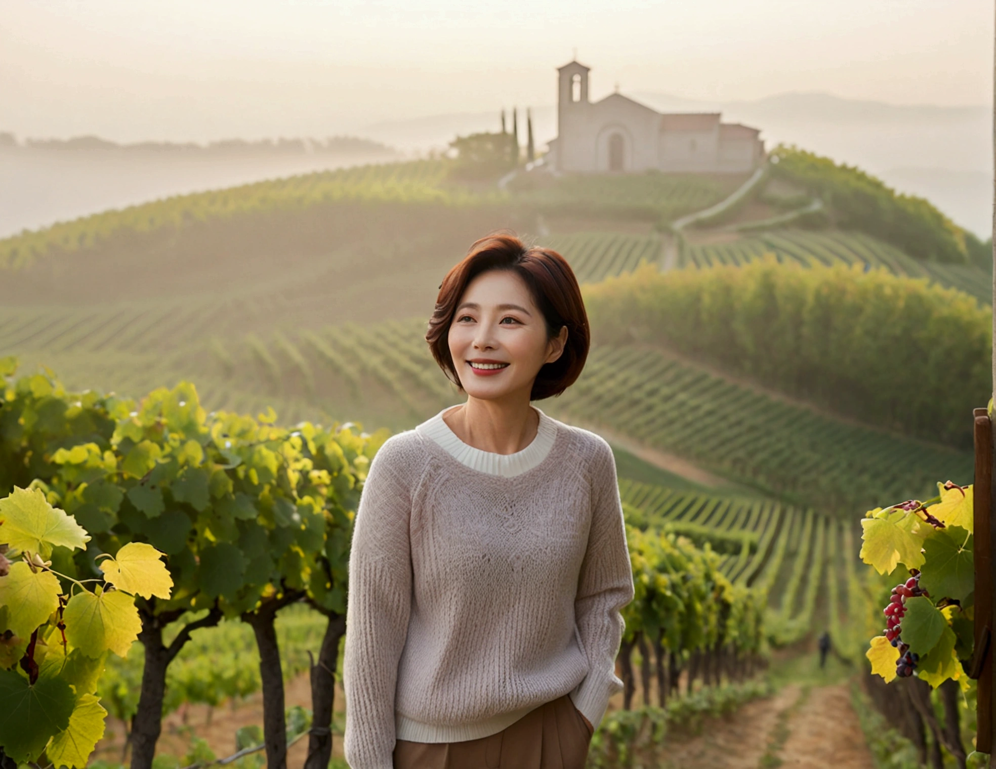Italy foggy countryside dawn, Endless vineyards, A cathedral can be seen far away in the fog.. Close-up of a Korean woman in her 40s, Wearing a luxury brand slightly thick knit, Geomjangseok casual pants, Korean woman with beautiful short medium bob hair, Standing on a path on top of a vineyard hill, Korean woman with bright and beautiful skin, Stunning Korean woman smiling, standing in the vineyard , 1 woman