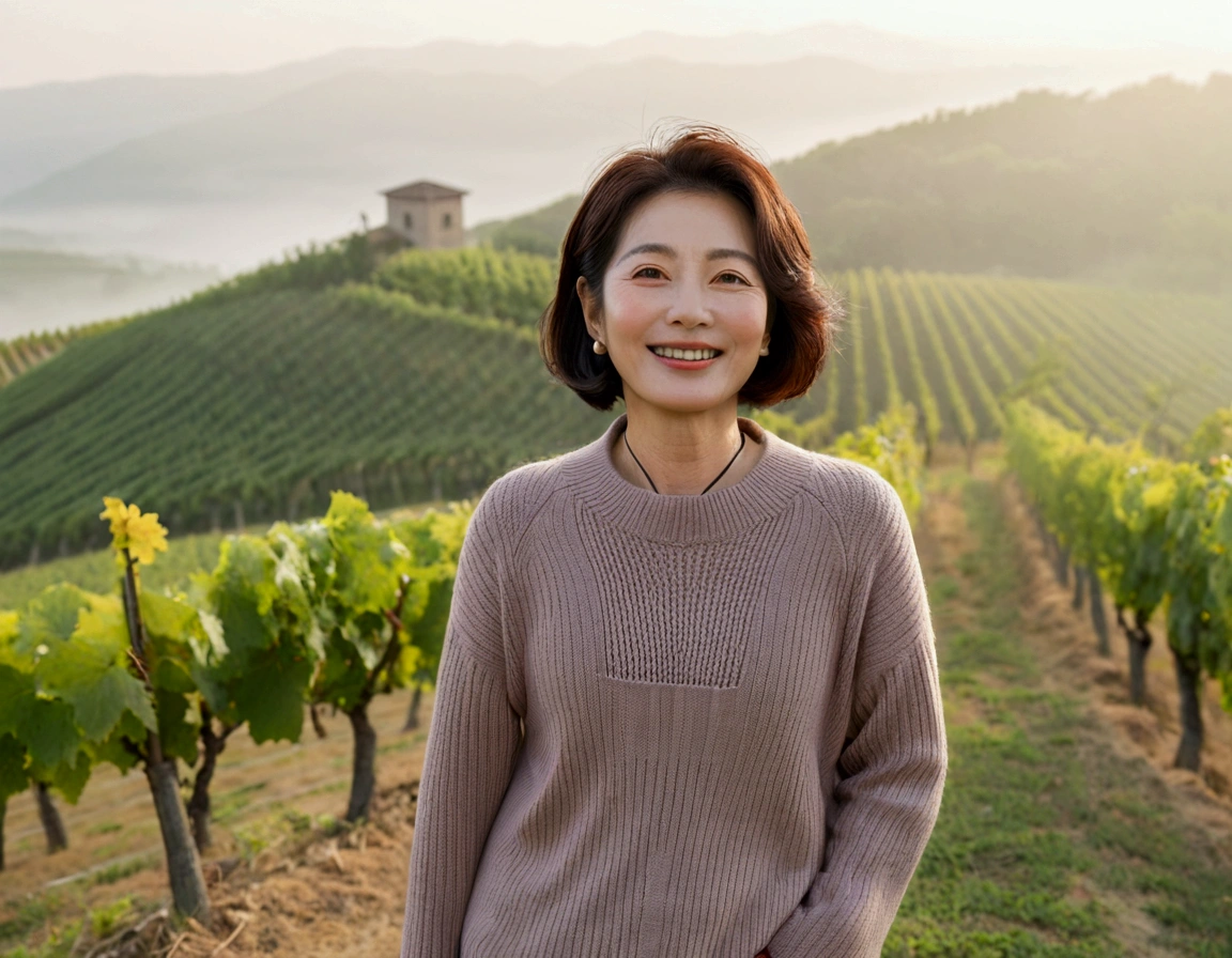 Italy foggy countryside dawn, Endless vineyards, A cathedral can be seen far away in the fog.. Close-up of a Korean woman in her 40s, Wearing a luxury brand slightly thick knit, Geomjangseok casual pants, Korean woman with beautiful short medium bob hair, Standing on a path on top of a vineyard hill, Korean woman with bright and beautiful skin, Stunning Korean woman smiling, standing in the vineyard , 1 woman