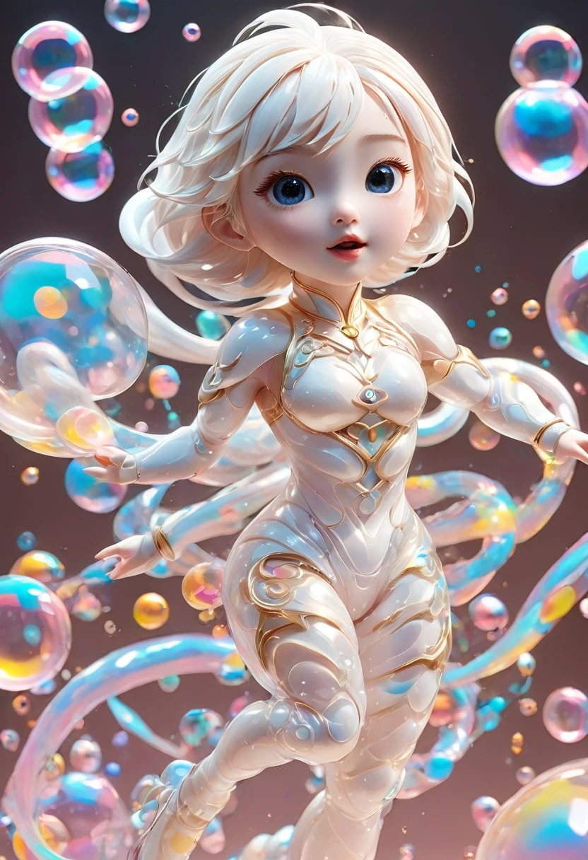 White Snake, masterpiece, best quality, official art, 8k wallpaper, Very detailed, illustration, 1 girl, white hair, beautiful eyes, stocking pattern, Super Lovely Girl Full Body 3D Drawing, nice eyes, big eyes, Lovely, happy, C4D, pop matte blind box, glow bubble, toy, solid color background, chibi, Fluorescent translucent, glow, kawaii, toy娃娃, Bubble Mart Blind Box, pixar, intricate details, 3d rendering, mixer, Overclocked renderer, body reference table,dribbble,high detail,8k,studio lighting,Change,small,child,chibi,