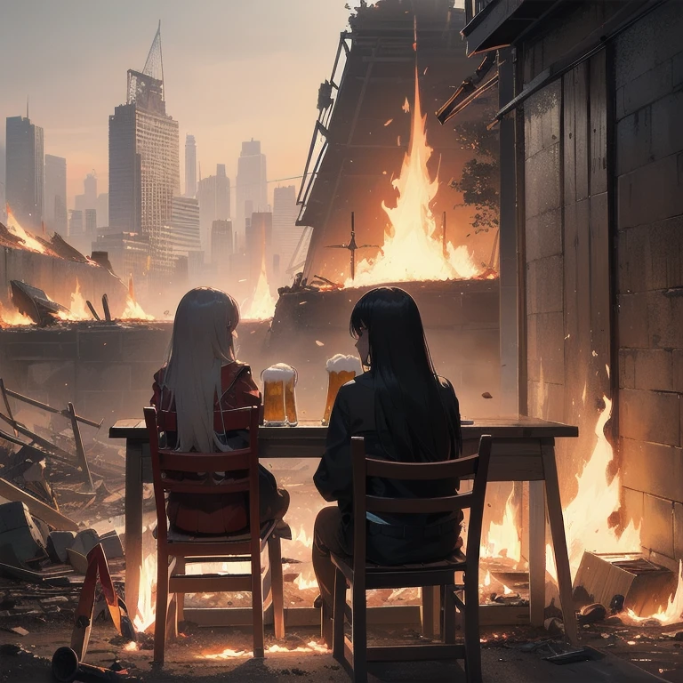 2girls, alone, lonely, sad, depressing, dark, cinematic, (watching the world burn), apocalypse, world ending, ruined buildings, dynamic shot, madness, glee, disappointment, stand above all, against the odds, desperate prayer, grim fate, cruel hope, death awaits, (high-fantasy), (((drinking beer on a lone chair in the middle of nowhere))), (fire all around), (burning flames all around), cinders, blaze, (gravestones everywhere), (((((red swords piercing ground))))), (((unlimited blade works))), metropolis, skyscraper, (cityscape)
