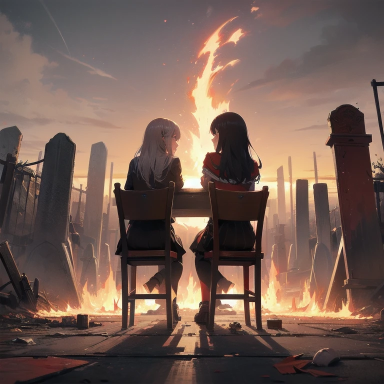 2girls, alone, lonely, sad, depressing, dark, cinematic, (watching the world burn), apocalypse, world ending, ruined buildings, dynamic shot, madness, glee, disappointment, stand above all, against the odds, desperate prayer, grim fate, cruel hope, death awaits, (high-fantasy), (((drinking beer on a lone chair in the middle of nowhere))), (fire all around), (burning flames all around), cinders, blaze, (gravestones everywhere), (((((red swords piercing ground))))), (((unlimited blade works))), metropolis, skyscraper, (cityscape)