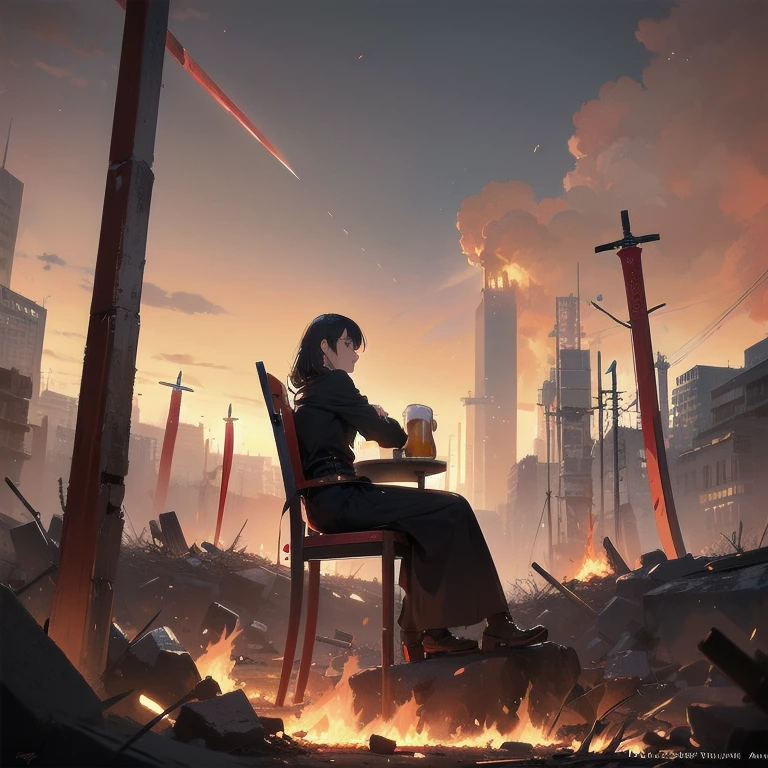 2girls, alone, lonely, sad, depressing, dark, cinematic, (watching the world burn), apocalypse, world ending, ruined buildings, dynamic shot, madness, glee, disappointment, stand above all, against the odds, desperate prayer, grim fate, cruel hope, death awaits, (high-fantasy), (((drinking beer on a lone chair in the middle of nowhere))), (fire all around), (burning flames all around), cinders, blaze, (gravestones everywhere), (((((red swords piercing ground))))), (((unlimited blade works))), metropolis, skyscraper, (cityscape)