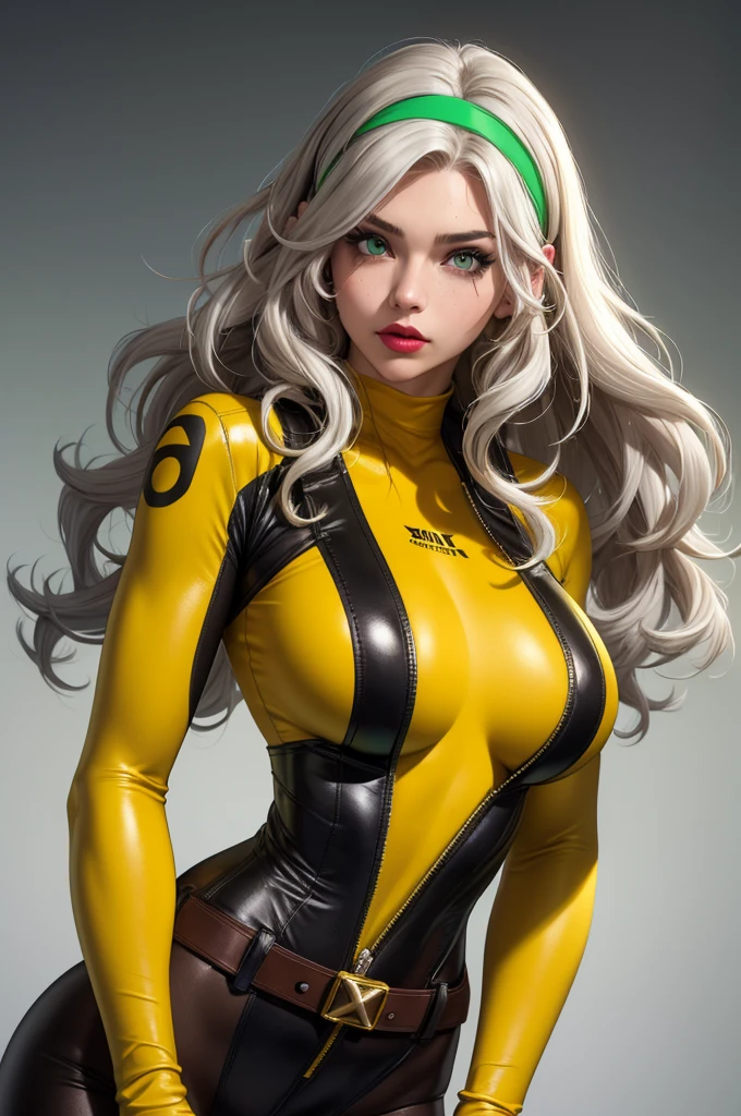 good anatomy, masterpiece, best quality, bokeh, depth of field, highres, high quality, 1girl,
CARTOON_X_MENs_Rogue,ownwaifu,
long hair,breasts,brown hair,green eyes,lipstick,makeup,lips,white hair,two-tone hair,headband,wavy hair,large breasts,messy hair,curly hair,big_hair,
yellow bodysuit,jacket,gloves,belt,yellow gloves,green bodysuit,bodysuit,multicolored bodysuit,superhero, skin tight,multicolored clothes,