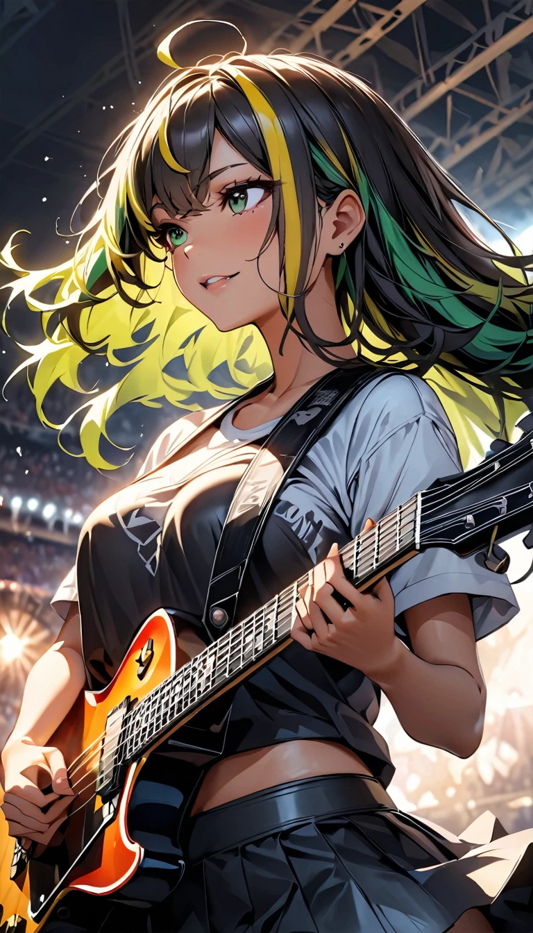 (highest quality:1.2, Very detailed, up to date, Vibrant, Ultra-high resolution, High Contrast, masterpiece:1.2, highest quality, Best aesthetics), Portraiture、girl、（Playing guitar:1.5)、Electric guiter、Gibson Les-Paul, stage、performance、Rock Music、Bright colors、Beautiful fine details、Beautiful lip detail、long hair、ponytail, white and yellow green ((streaked hair:1.6)), highlights hair: 1.5, medium breast, (tan skin:1.1), (dynamic pose:1), Concert Light、Edgy Style、(black Tank-top-Bikini:1), crop top navel, mini skirt, loose fit, Dynamic Movement、hypnotic sounds、Stadium、amplifier、Loud music、Concert atmosphere、Music Festival、Full of emotion、Avid Fan、An exciting atmosphere、An unforgettable show, side view, look far away, (upper body:1.5)