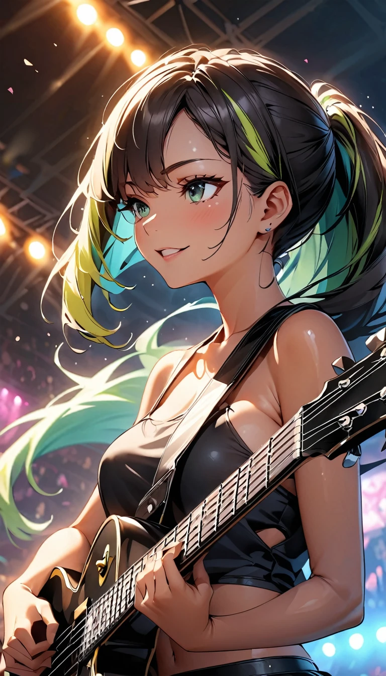 (highest quality:1.2, Very detailed, up to date, Vibrant, Ultra-high resolution, High Contrast, masterpiece:1.2, highest quality, Best aesthetics), Portraiture、girl、（Playing guitar:1.5)、Electric guiter、Gibson Les-Paul, stage、performance、Rock Music、Bright colors、Beautiful fine details、Beautiful lip detail、long hair、ponytail, white and yellow green ((streaked hair:1.6)), highlights hair: 1.5, medium breast, (tan skin:1.1), (dynamic pose:1), Concert Light、Edgy Style、(black Tank-top-Bikini:1), crop top navel, mini skirt, loose fit, Dynamic Movement、hypnotic sounds、Stadium、amplifier、Loud music、Concert atmosphere、Music Festival、Full of emotion、Avid Fan、An exciting atmosphere、An unforgettable show, side view, look far away, (upper body:1.5)