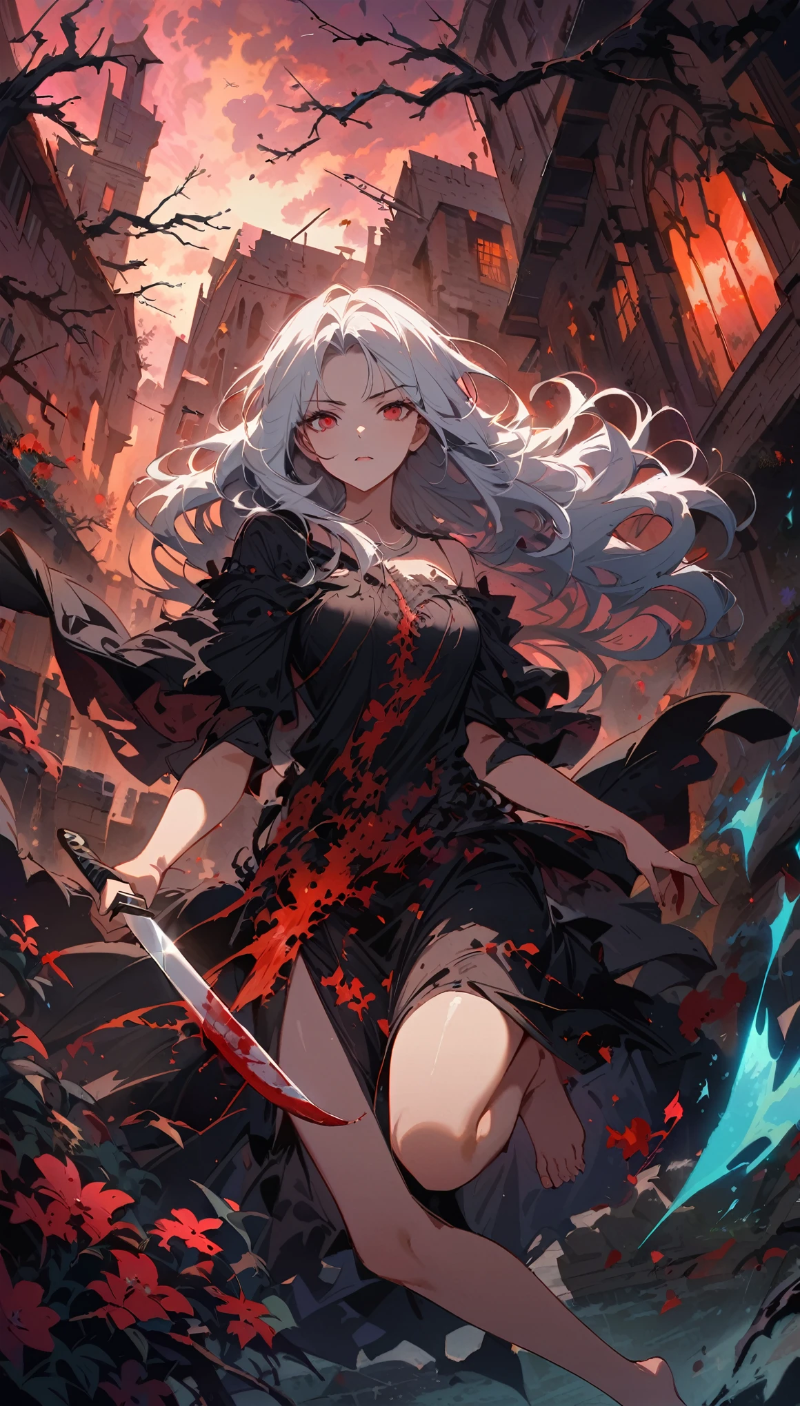 Terrible female warrior,Holding a fierce knife,Wearing tattered black robes,Long white hair,Glittering red eyes,barefoot,Intimidating presence,((Blood splatter)),Dark and mysterious,Twisted branches,The mist rolled in,Moonlight illuminated the scene,dark palette,Light orange and red,Crumbling stone buildings,Remote areas,Mysterious atmosphere,unforgettably beautiful.