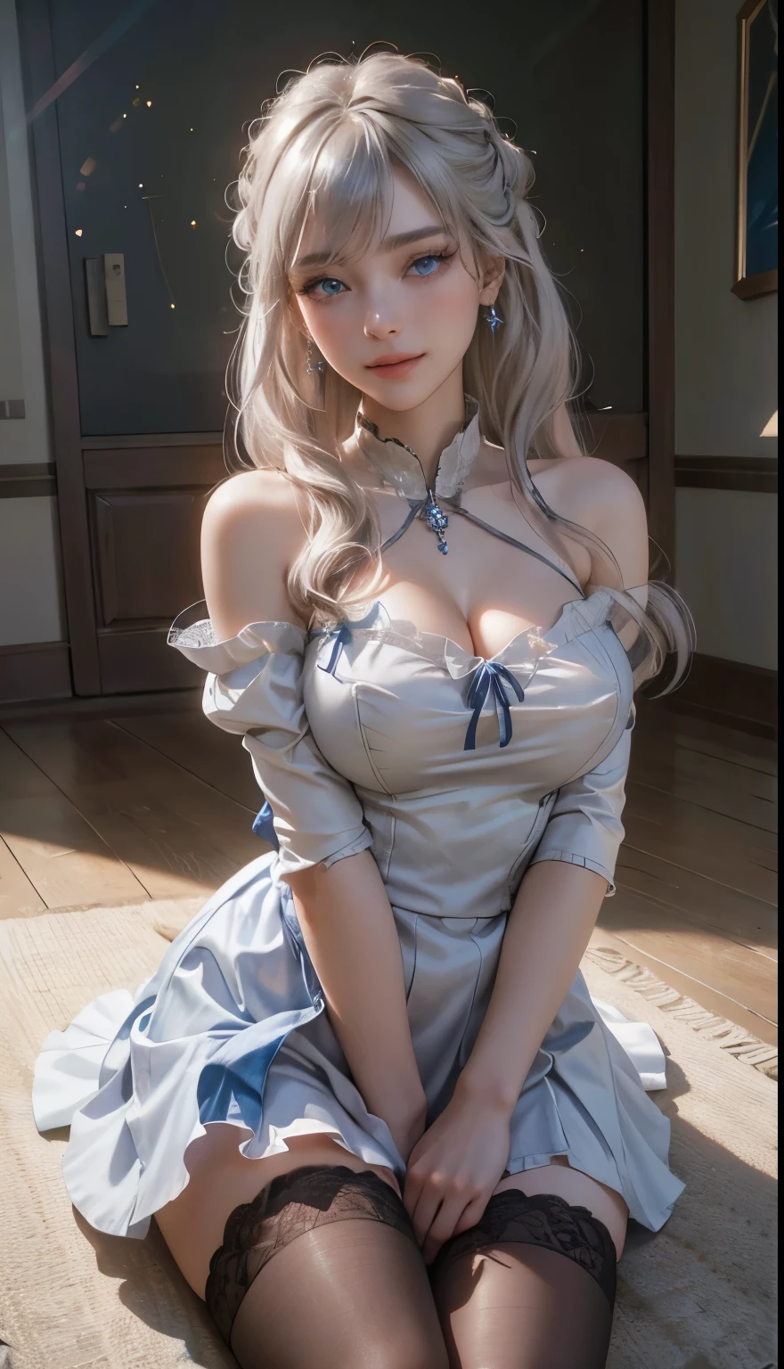 landscape of an woman, landscape of a very beautiful woman, (((cowboy shot))), photography with Fujifilm XT3, depth of field, film grain, female focus, Nao Tomori/(Charlotte/), anime style, (((lie sideaways)))!!!, (lie sideaways on the floor), looks at the camera with beautiful blue eyes, Ultra detailed eyes, (Beautiful blue eye's like sapphire :1.40)!!, Stars in her fixed eyes, (homochromatic eyes)!!!, seductive smile, beautiful smile, gorgeous smile, (Blush)!! Perfect nose, Cute little nose, Earrings, beatiful face, Face Clean, Skin, hyper realistic, Incredibly detailed face, hyper detailed face, A face with a lot of detail, Perfect eye shadow, wink, Hyper-Detailed Eyes, Hyper-detailing of eyebrows, Hyper-detailed eyelashes, white hair between eyes, White hair bangs, (ultra shine white hair)!!, (curvy hair with double tied up)!!, ((dynamic composition)), ((Bare Shoulders))!!, detached sleeves, (((school uniform)))!!!, detailed realistic clothes, neck garter, necklace, seductivity, plump breasts, (breast smooth covered with silk)!!, ultra seductive temptation, open skirt, slim legs, petticoat, fishnet legs, stockigs, smooth thighs cleavage, garter thighs, leather shoe, erotic, Best Quality, Masterpiece, Ultra-detailed, Beautiful, hight resolution, Original, CG 8K, perfect photo, dramatic  lighting, (Realistic) Realistic, Full HD, Best Quality, Best Quality, Beautiful lighting, (8k wallpaper of extremely detailed CG unit), High Details, sharp-focus, The art of dramatic and photorealistic painting,  ((In floor)), dynamic composition