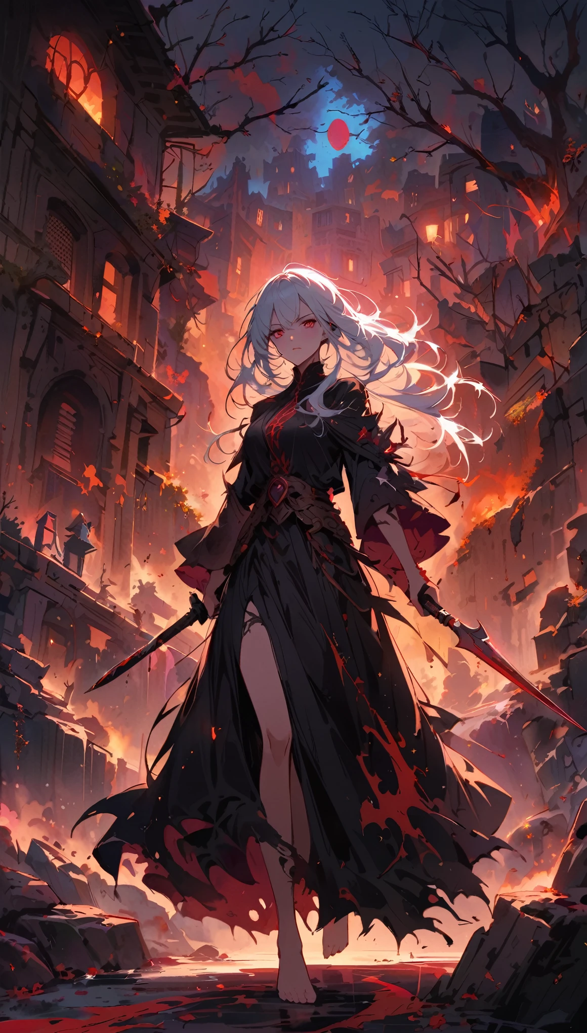 Terrible female warrior,Holding a fierce knife,Wearing tattered black robes,Long white hair,Glittering red eyes,barefoot,Intimidating presence,((Blood splatter)),Dark and mysterious,Twisted branches,The mist rolled in,Moonlight illuminated the scene,dark palette,Light orange and red,Crumbling stone buildings,Remote areas,Mysterious atmosphere,unforgettably beautiful.