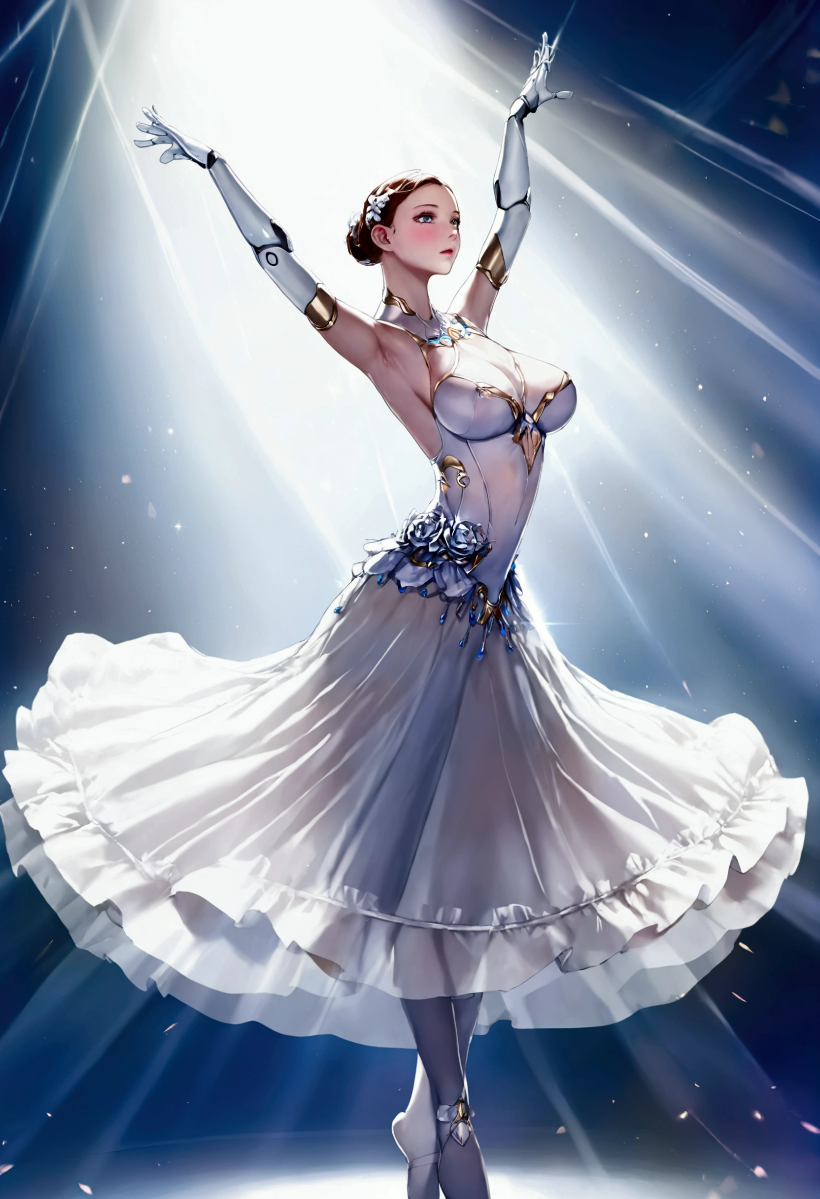 A lovely android woman, obviously mechanical arms and legs, shimmering sheer white gown, backlit eyes) performing ballet with large sweeping movements, spotlight, center stage
