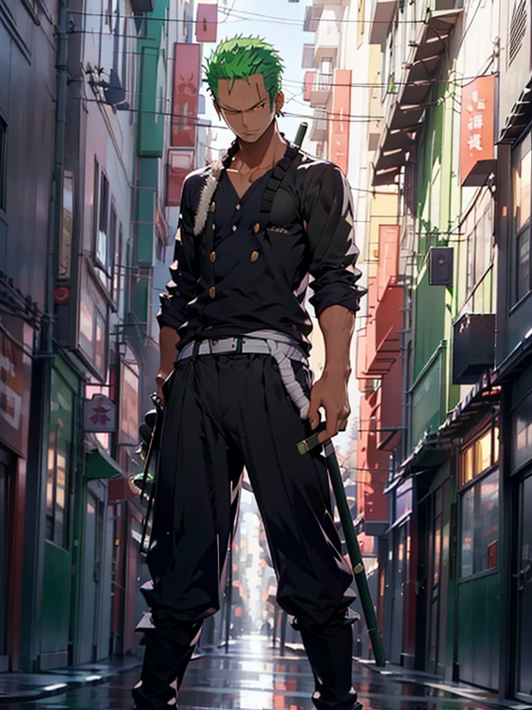 Roronoa zoro standing, side ways view, full body in image, black and white png