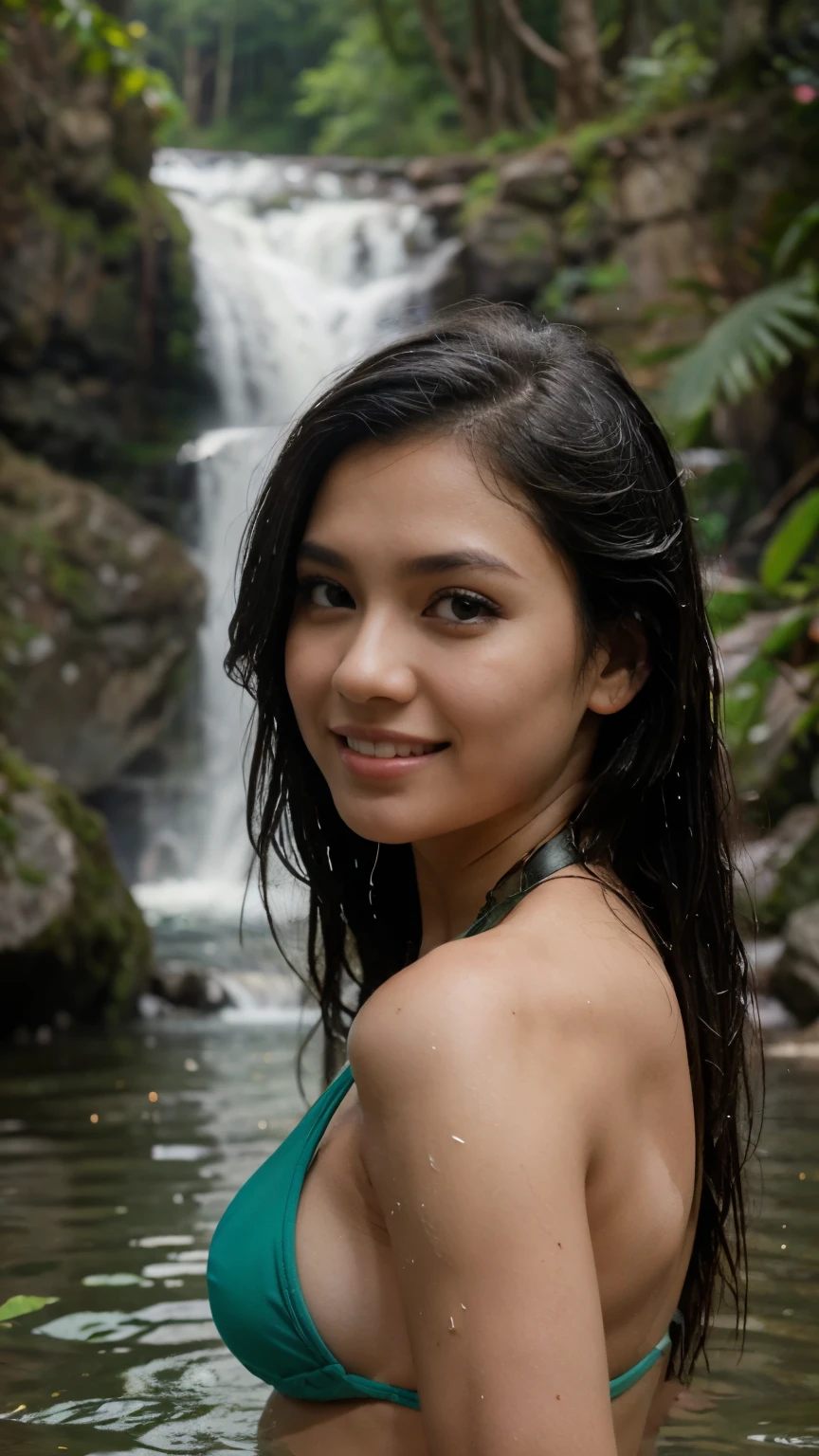 extreme close up photo of sexy naked indian, front view, curvy, swooping breasts, deep cleavage, wet white cum drop from body,full naked, floating on river, waterfalls, birds, animals, elephant, French braid hair, necklace, subtle smile, seductive eyes, sultry