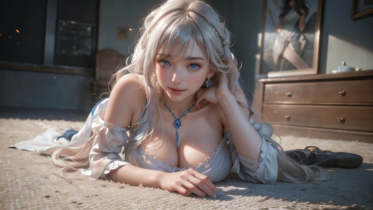 landscape of an woman, landscape of a very beautiful woman, (((cowboy shot))), photography with Fujifilm XT3, depth of field, film grain, female focus, Nao Tomori/(Charlotte/), anime style, (((lie sideaways)))!!!, (lie sideaways on the floor), looks at the camera with beautiful blue eyes, Ultra detailed eyes, (Beautiful blue eye's like sapphire :1.40)!!, Stars in her fixed eyes, (homochromatic eyes)!!!, seductive smile, beautiful smile, gorgeous smile, (Blush)!! Perfect nose, Cute little nose, Earrings, beatiful face, Face Clean, Skin, hyper realistic, Incredibly detailed face, hyper detailed face, A face with a lot of detail, Perfect eye shadow, wink, Hyper-Detailed Eyes, Hyper-detailing of eyebrows, Hyper-detailed eyelashes, white hair between eyes, White hair bangs, (ultra shine white hair)!!, (curvy hair with double tied up)!!, ((dynamic composition)), ((Bare Shoulders))!!, detached sleeves, (((school uniform)))!!!, detailed realistic clothes, neck garter, necklace, kindness, plump breasts, (plump breast covered with silk)!!, open skirt, slim legs, petticoat, fishnet legs, stockigs, smooth thighs cleavage, garter thighs, leather shoe, erotic, Best Quality, Masterpiece, Ultra-detailed, Beautiful, hight resolution, Original, CG 8K, perfect photo, dramatic  lighting, (Realistic) Realistic, Full HD, Best Quality, Best Quality, Beautiful lighting, (8k wallpaper of extremely detailed CG unit), High Details, sharp-focus, The art of dramatic and photorealistic painting,  ((In floor)), dynamic composition