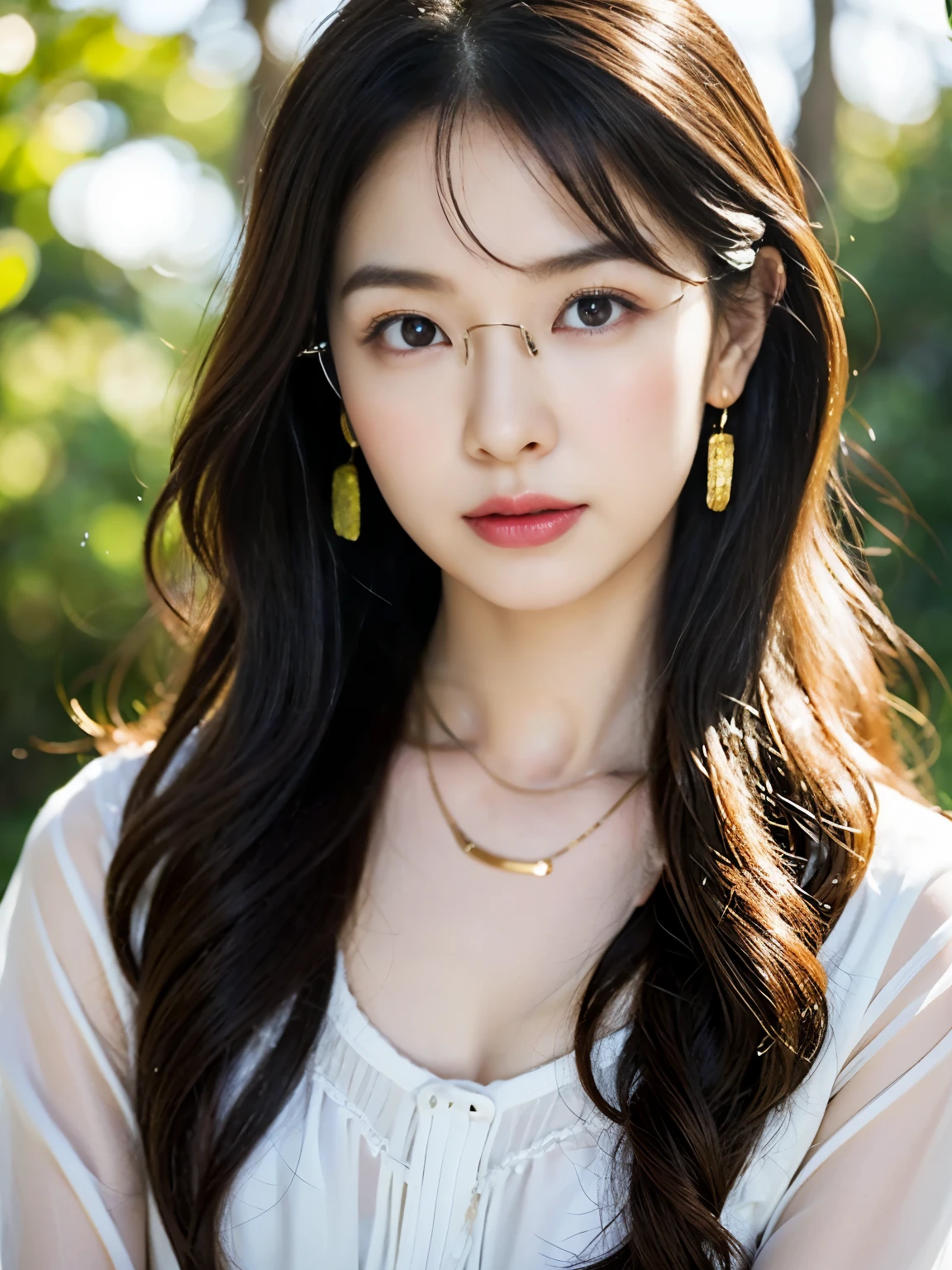 Close-up, sitting on a chair, Gorgeous Young Korean Woman, 1 girl 30 yeas old,　(middle hair, brown hair, fringe,  Tears, Thin outer eyebrows, Small eyes、Eyes are small compared to the face, little smile), (gold ring earring, gold neckless, Black eyeglass),( middle breasts, slender whist, middle hip), (white blouse,White clothes are very transparent ),