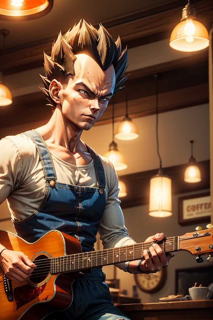 Create a watercolor image of "Vegeta from Dragon Ball", performing an acoustic guitar, in a vintage coffee shop, with orange lights at night, vintage style