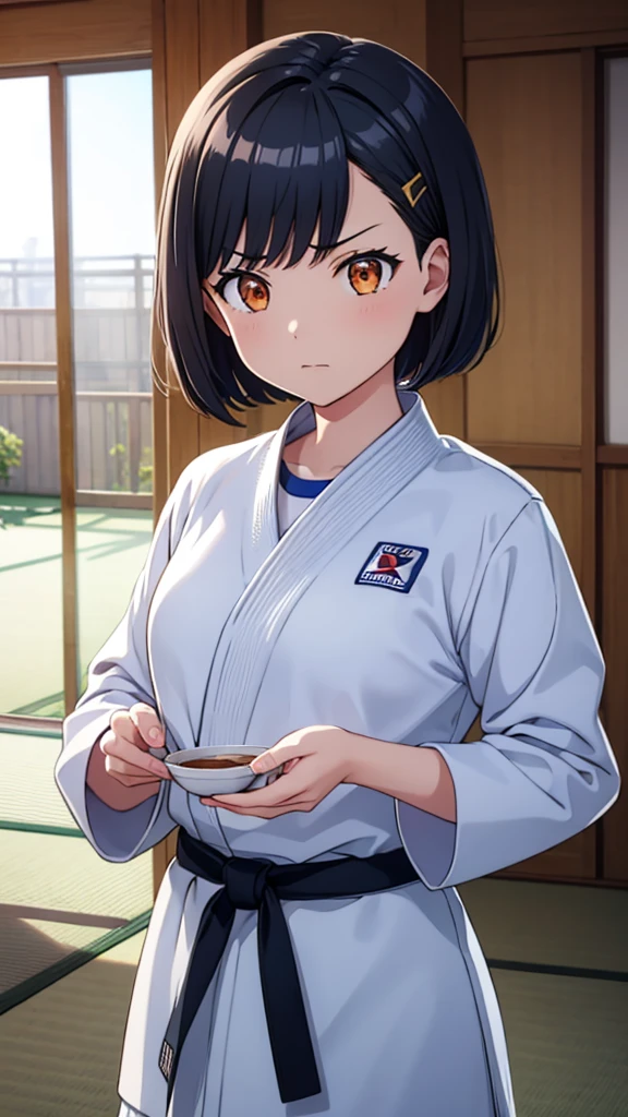 ((masterpiece, Highest quality, Very detailed, Very nice 8K CG wallpaper)), , A little thick, Medium Hair, Dark hair with a slight navy blue tint, short hair, dark orange eyes,judo player、長袖judo着、Large bust、ロングjudoパンツ、judo、Serious expression、Inside the judo Gymnasium、、On the tatami、discovery、One Girl、Ready for battle、A tough fight、Shiraishi Apricot、Bust Size D Cup