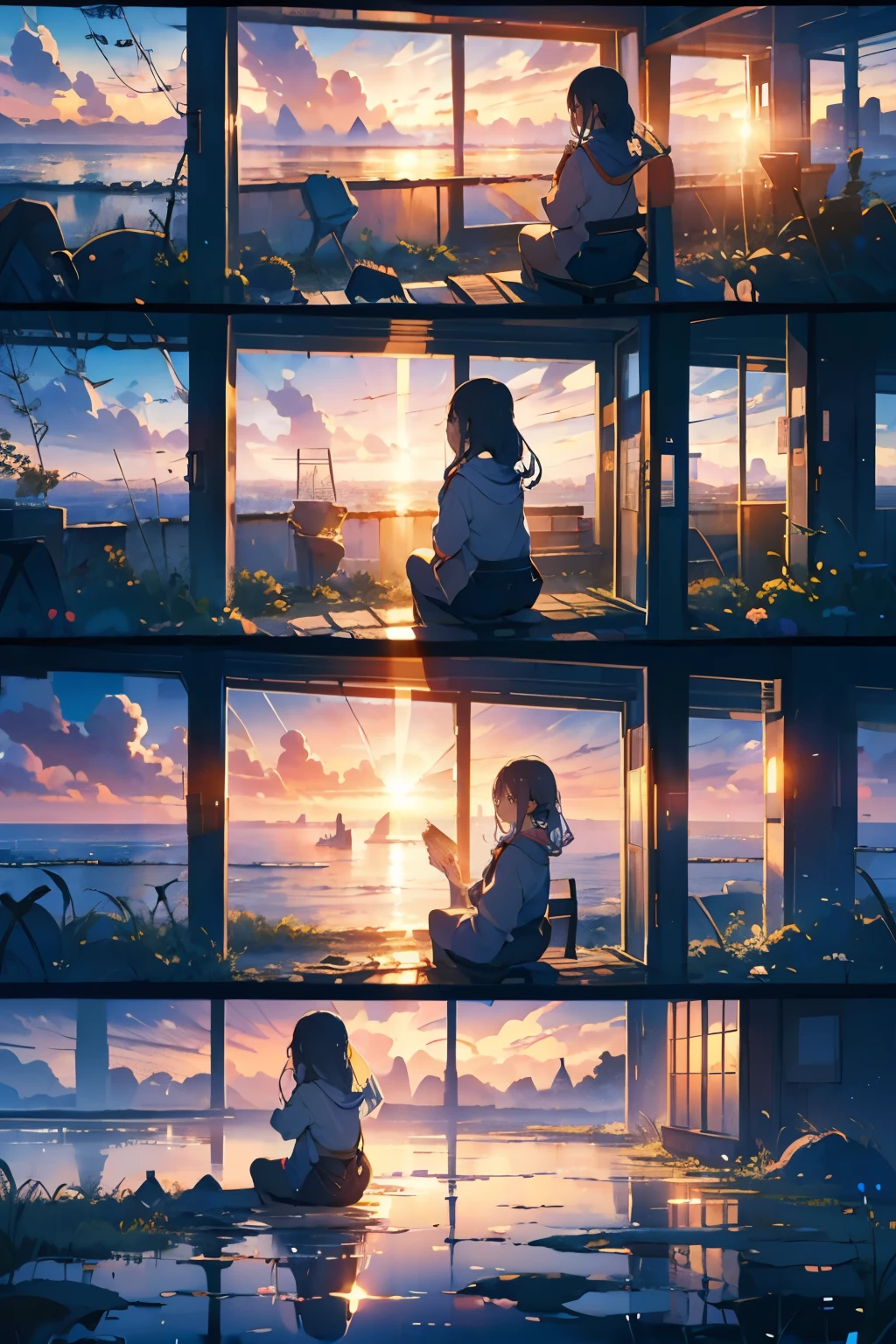 sunset, window,Sitting, girl, 大きなwindow, windowから海が見える, windowから地平線が見える,