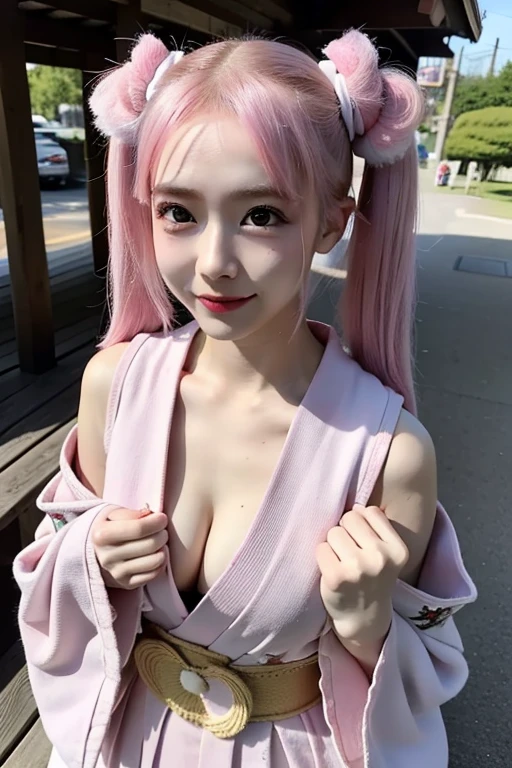 ((Hide your chest with both hands))、((Pink Hair))、((Pink Hair))、((Twin tails))、((Highest quality、8k、masterpiece))、((Landmine Girl))((Highest quality、8k、masterpiece))、Sharp focus:1.2、Small fox ears、Cute 17 year old girl with perfect figure:1.4、Slim Abs:1.2、((Dark brown hair))、street:1.2、Highly detailed face and skin texture、fine grain、(The chest is exposed)、double eyelid、shoulder、Close-up of a woman in a kimono posing for a photo、((Hide your chest with both hands))、Japanの女神、Japan人モデル、white、((Small breasts))、((Shrine maiden costume))、Japan、Drawing attractive anime girls、Cleavage