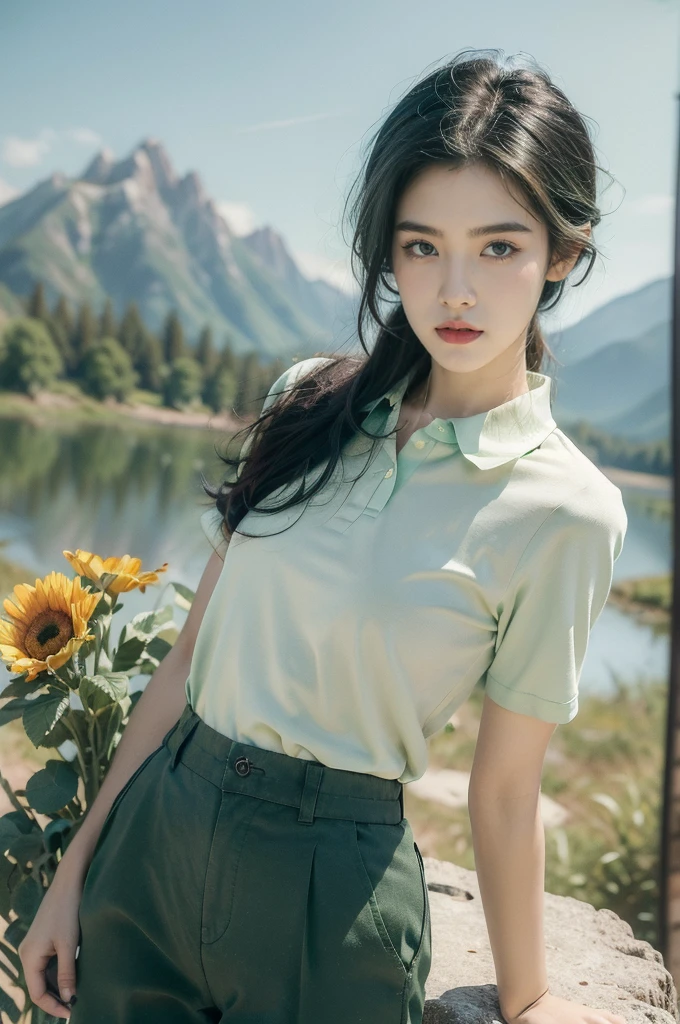 (((best quality))),(((ultra detailed))),(((masterpiece))),illustration,((1 beautiful girl,tomboy,solo)),(short black hair:1.3),((slim,thin)),((small breasts,thin)), vigorous, confident, (light green collared short-sleeved shirt:1.3), (dark green pants:1.2),(standing:1.3),simplicity, robustness, strong features, (Abandoned Gobi Scene:1.3),(Rock surface:1.2),glowing eyes, rebellious, sensible, (mountainous landscape:1.3), (vibrant colorful flowers:1.3),elegance, unyielding spirit, youthful beauty, strength, resilience, adversity, challenges,((from front,upper body))