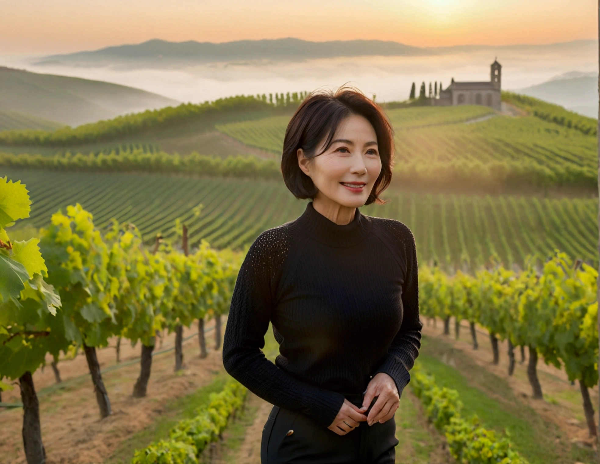 Italy foggy countryside dawn, Endless vineyards, A cathedral can be seen far away in the fog.. Close-up of a Korean woman in her 40s, Wearing a luxury brand slightly thick knit, black sexy casual pants, Korean woman with beautiful short medium bob hair, Standing on a path on top of a vineyard hill, Korean woman with bright and beautiful skin, Stunning Korean woman smiling, standing in the vineyard , 1 woman