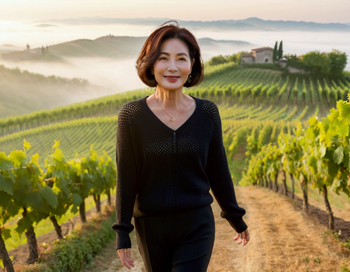 Italy foggy countryside dawn, Endless vineyards, A cathedral can be seen far away in the fog.. Close-up of a Korean woman in her 40s, Wearing a luxury brand slightly thick knit, black sexy casual pants, Korean woman with beautiful short medium bob hair, Standing on a path on top of a vineyard hill, Korean woman with bright and beautiful skin, Stunning Korean woman smiling, standing in the vineyard , 1 woman