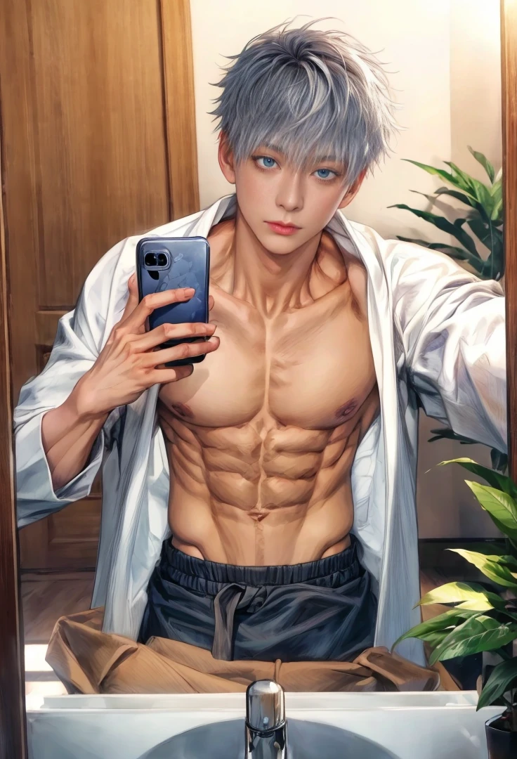 1 male, high resolution 8k, young, handsome, perfect face detail, detailed eyes and face, clean shaved, sixpack realistic, white eyebrow hair, white eyelashes, dynamic lighting, unreal engine, hd picture, satoru gojo, Jujutsu kaisen, white hair, short hair ,hair between eyes ,blue eyes, white skin, Use an iPhone, Long pants