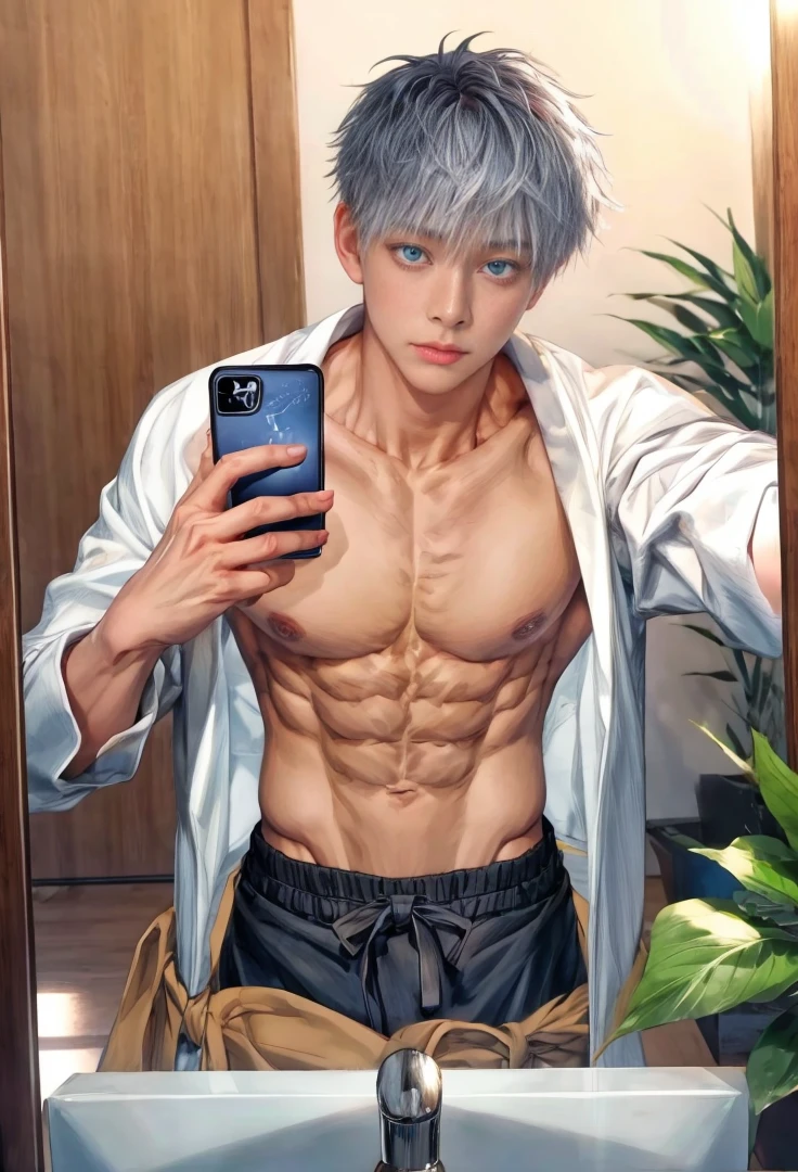 1 male, high resolution 8k, young, handsome, perfect face detail, detailed eyes and face, clean shaved, sixpack realistic, white eyebrow hair, white eyelashes, dynamic lighting, unreal engine, hd picture, satoru gojo, Jujutsu kaisen, white hair, short hair ,hair between eyes ,blue eyes, white skin, Use an iPhone, Long pants