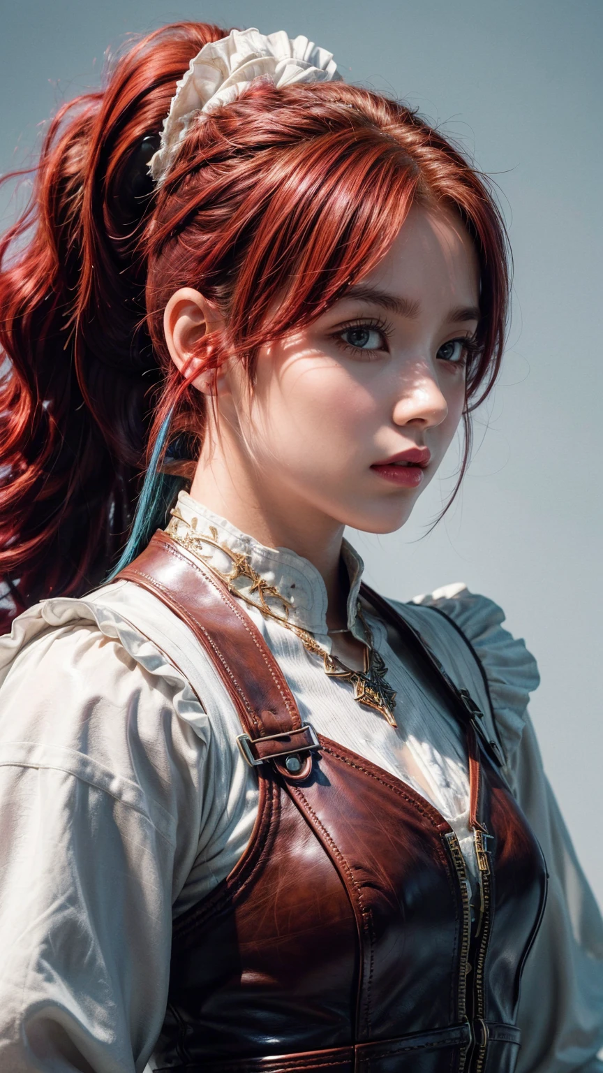(8K, RAW photos, best quality, masterpiece:1.2), (Practical, photo-Practical:1.4), (extremely detailed CG unity 8K wallpaper), whole body (rogue:1.1) Women wearing gold jewelry (Leather Armor:1.3), Stitching the worn-out armor, (Extremely detailed:1.5), Gold and (White:1.5), concept art portrait of greg rutkowski, Artistic Germ, Super Fine、Intricate Gothic Art Trending on Artstation, Amazing, Intricate details, (Small blue highlights:1), (Red hair, curls, High Ponytail: 1.4)