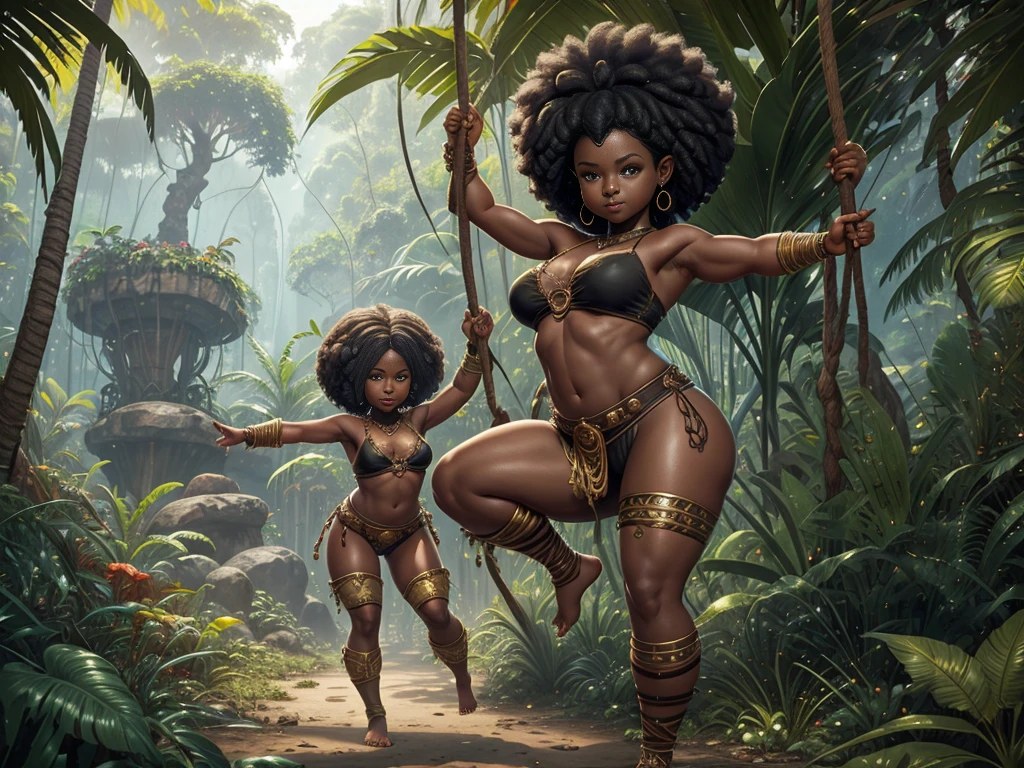 HD, dark skinned, young female,  8, humanoid, honey, black afro hair, Jackie Parris, ((((Jackie Parris)))), full body cgsociety, 3 d character art, full character body, detailed full body concept, stylized character, erotica, ((young girl, 1girl, age), ((complex detailed background, jungle, outside)), erotica, full body, sexy, loincloth, barefoot, wide hips, jungle, midget, thicc body, thicc, chubby, wide hips, small breasts, amazon, action pose, four arms