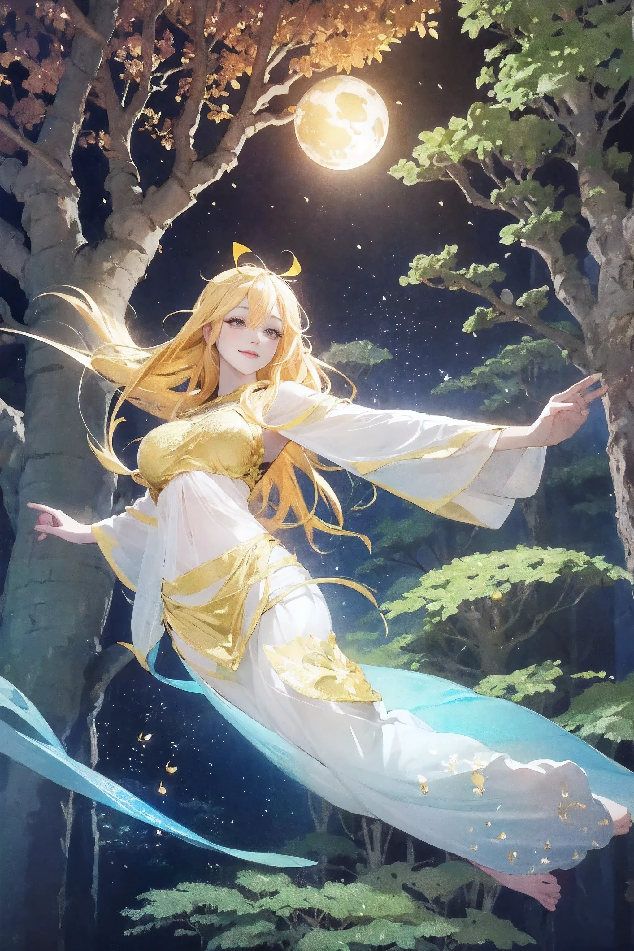 1 girl, ,,Simple smile, High-definition images, A woman, Her hair is decorated with glowing fireflies, There is a charming light in the eyes. Wearing a robe woven from moonlight, She stood in a mysterious forest，The trees come alive. on site, Bathed in the ethereal light of fireflies, Captured in an enchanted forest art style., (masterpiece, best quality, Official Art,Intricate details:1.2)，Bikini，underwear，，Ketone bodies are looming