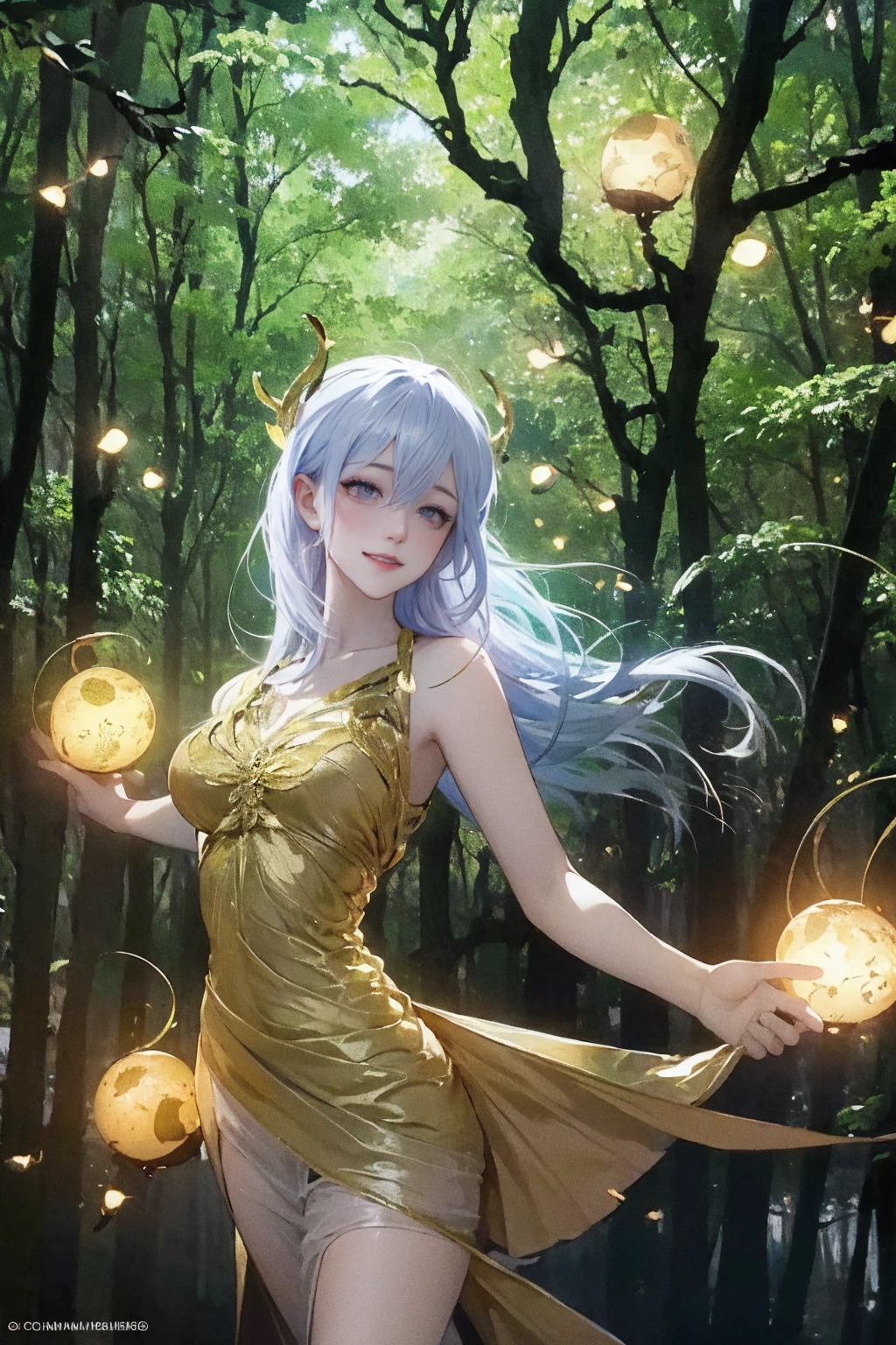 1 girl, ,,Simple smile, High-definition images, A woman, Her hair is decorated with glowing fireflies, There is a charming light in the eyes. Wearing a robe woven from moonlight, She stood in a mysterious forest,The trees come alive. on site, Bathed in the ethereal light of fireflies, Captured in an enchanted forest art style., (masterpiece, best quality, Official Art,Intricate details:1.2),Bikini,underwear,,Ketone bodies are looming