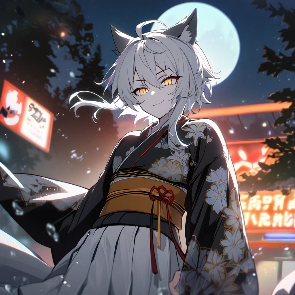  (1boy),cat_boy, pale skin, short hair,animal ears,golden eyes,slit pupils,cold gaze, Incorporate a mature demeanor with an icy gaze,dot nose,smirk expression,white hair,short hair with long locks,ahoge,sash,obi,floral print,(balck half_kimono),(((white half_kimono))),white hakama skirt,assassin attire from Arknights,long sleeves,brown bow,dynamic pose,comic board,extremely cold,Icicle,original,focus on face,red lapel,PENeonSign,neon sign,glowing,colorful,blacklight，masterpiece, illustration, beautiful and clear background, depth of field,dynamic pose,dynamic angle,  moon light, tree,summer,night, close-up,cross eye,cross eye symbol