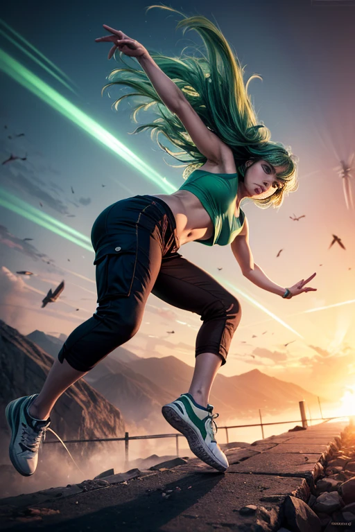 (masterpiece, best quality:1.2), Tatsumaki, solo, break dancing, power movements, strenuous movements, intense footwork, Dynamic Motion Blur, Sweat shines and pops, cyberpunk, lips apart, (green hair, brown eyes), Anatomically accurate hands and fingers, (crop top, cargo pants, sneakers), Fluttering hair, particles, atmosphere full of steam, professional lighting, cinematic lighting, Dynamic action scenes, 