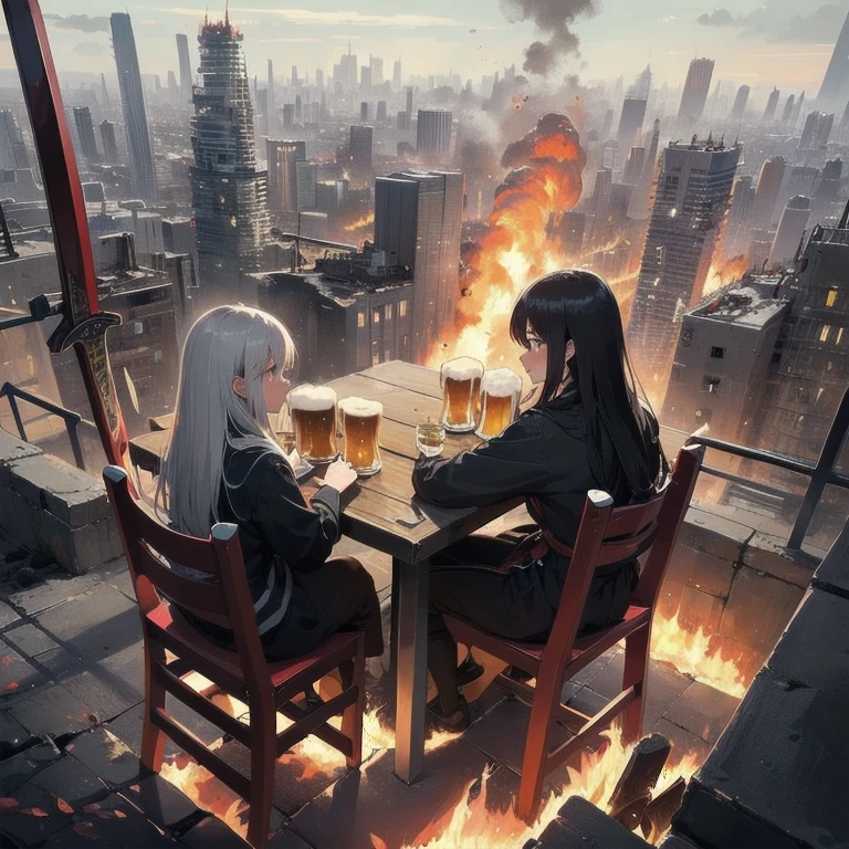 2girls, alone, lonely, sad, depressing, dark, cinematic, (watching the world burn), apocalypse, world ending, ruined buildings, dynamic shot, madness, glee, disappointment, stand above all, against the odds, desperate prayer, grim fate, cruel hope, death awaits, (high-fantasy), (((drinking beer on a lone chair in the middle of nowhere))), (fire all around), (burning flames all around), cinders, blaze, (gravestones everywhere), (((((red swords piercing ground))))), (((unlimited blade works))), metropolis, skyscraper, (cityscape), end of the world, panorama