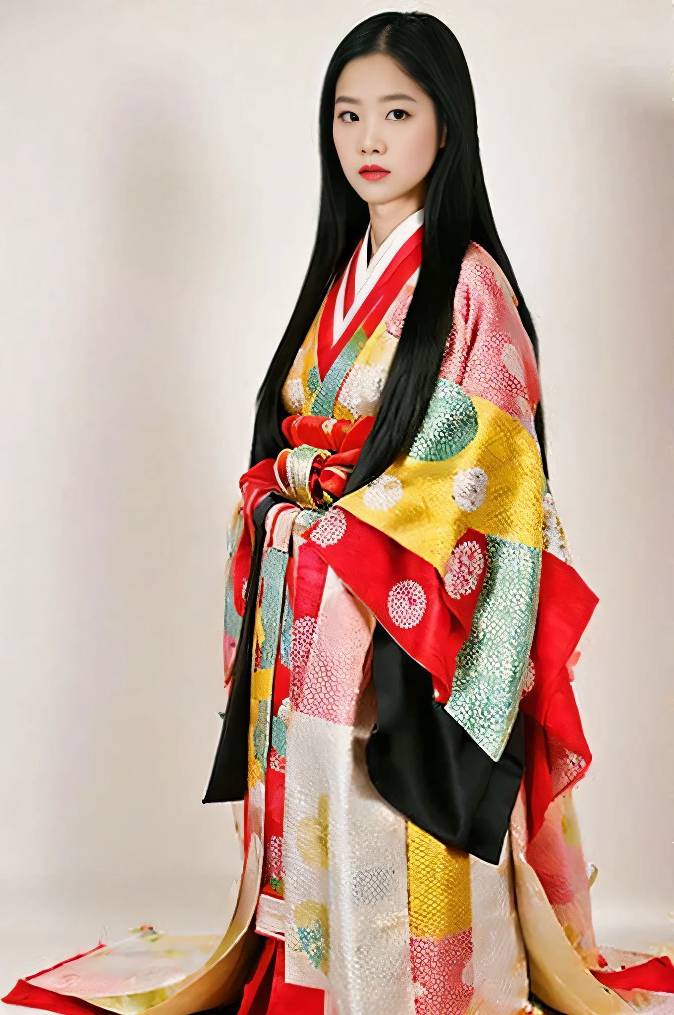 (masterpiece, Highest quality:1.2), One Girl, Twelve-layered kimono, alone, long black hair straight、look、Blank Background